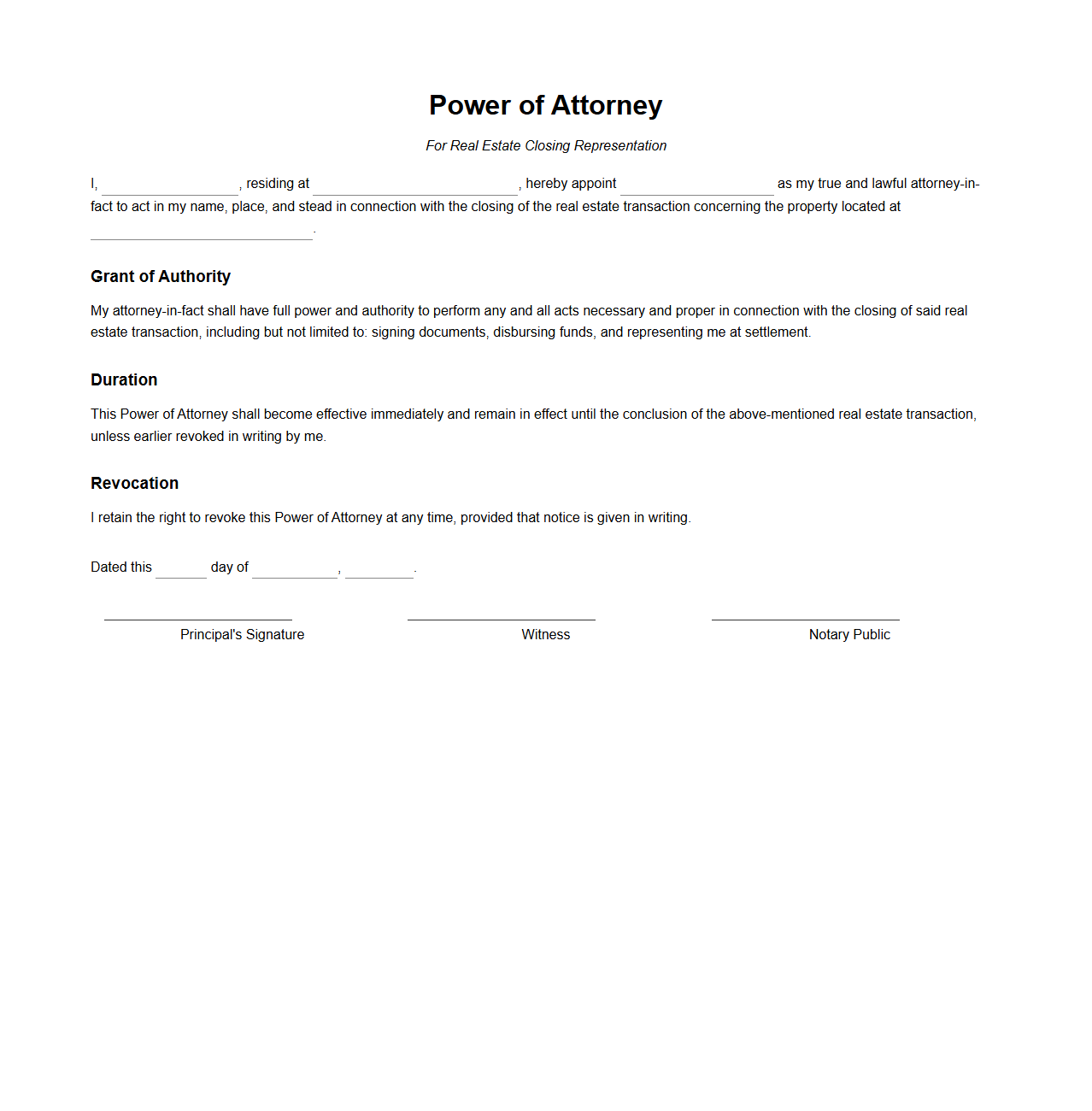 Power of Attorney for Real Estate Closing Representation