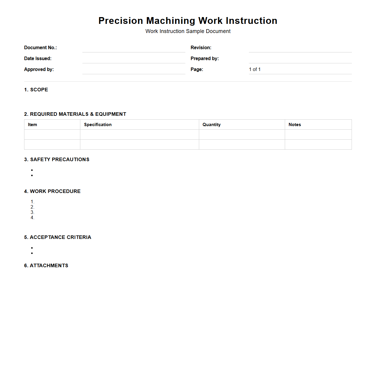 Precision Machining Work Instruction Sample