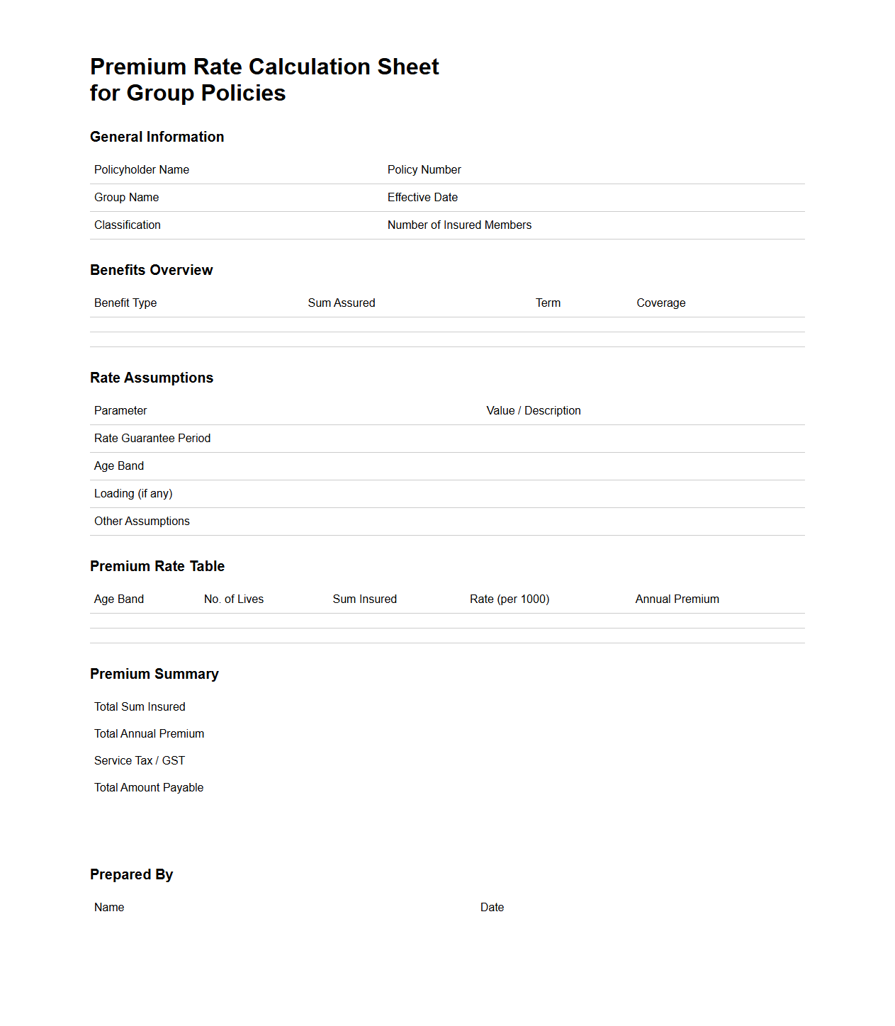 Premium Rate Calculation Sheet for Group Policies