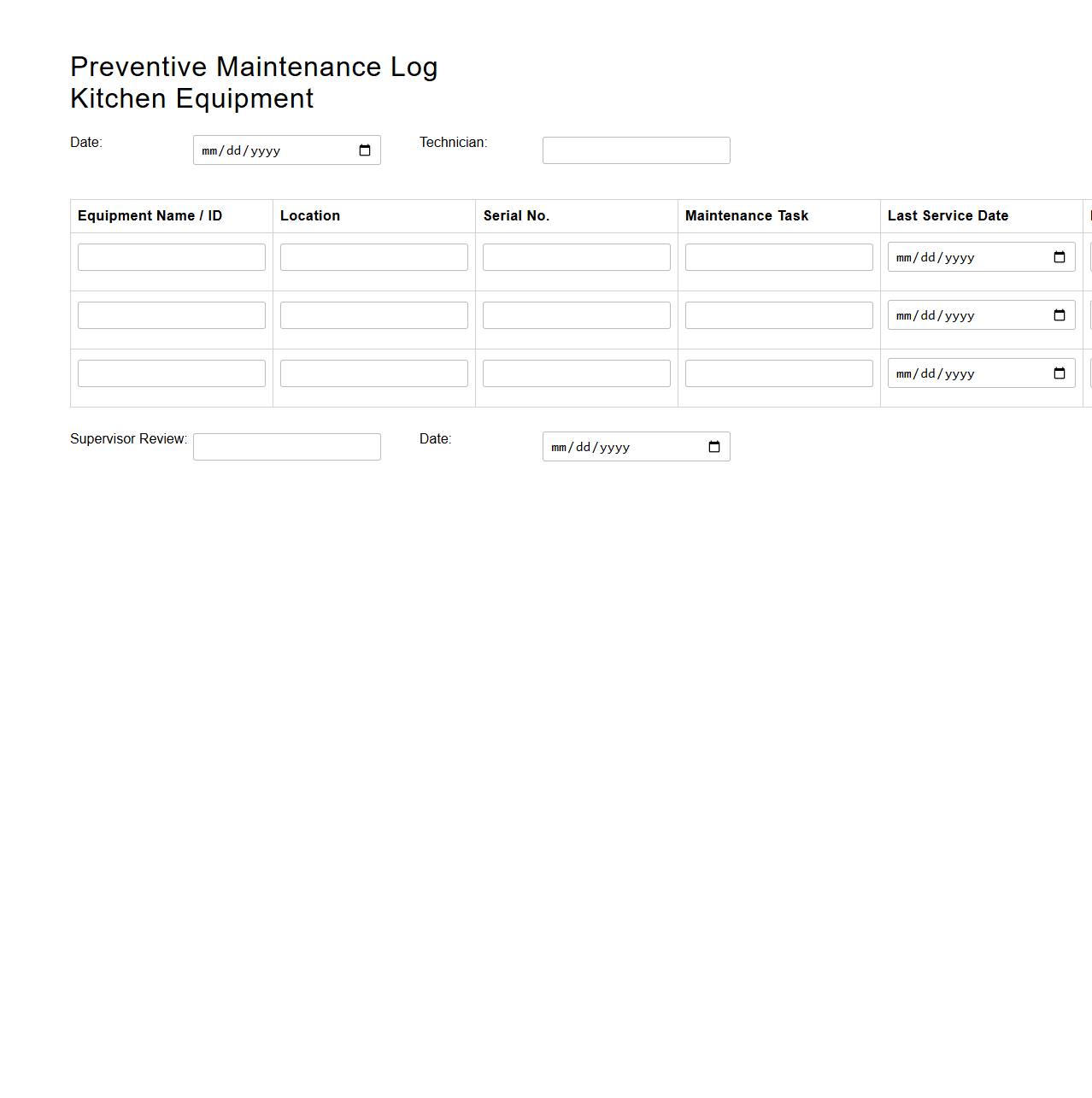 Preventive Maintenance Log for Kitchen Equipment