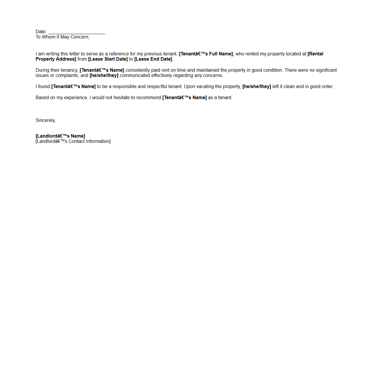 Previous Landlord Reference Letter Example