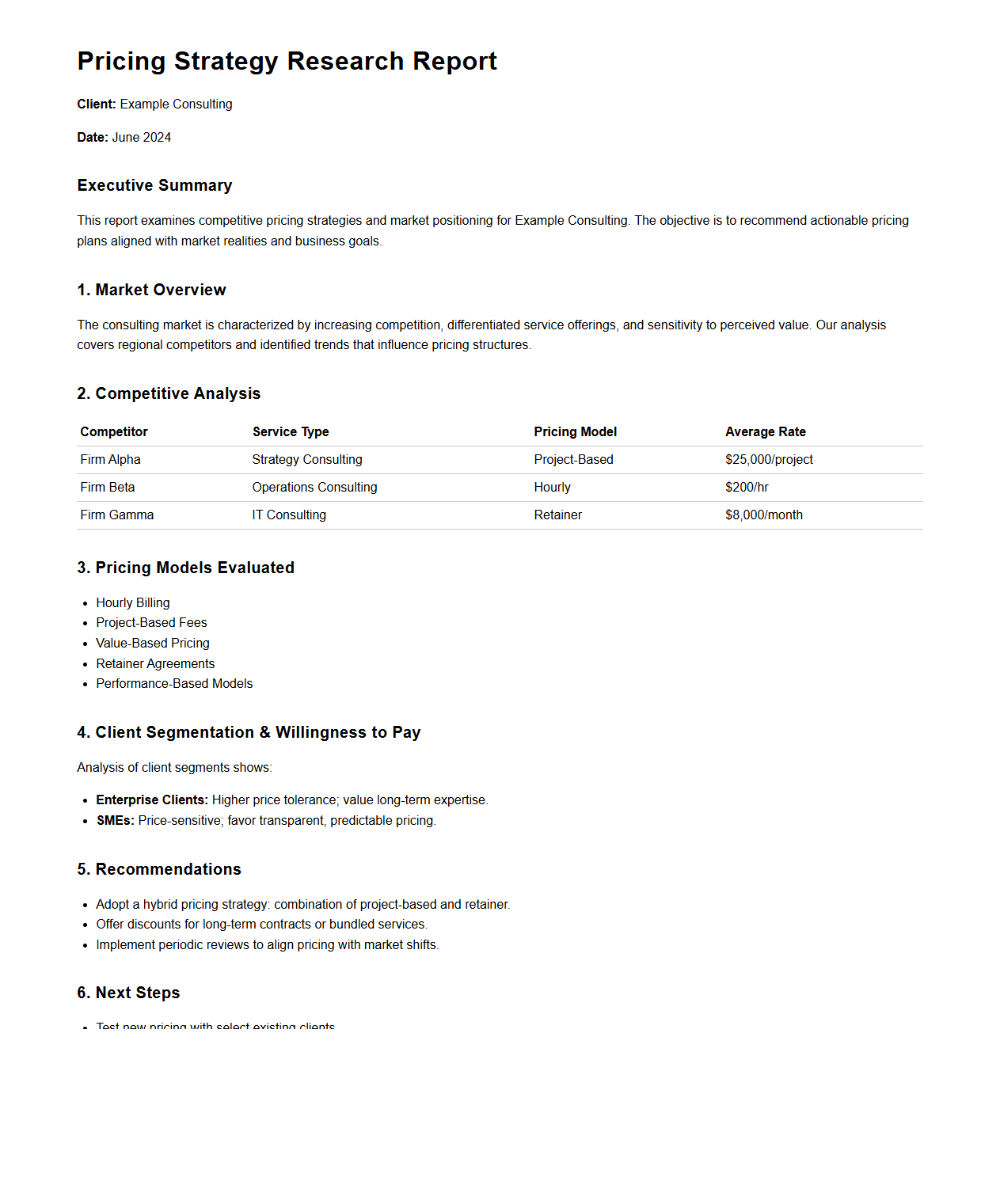 Pricing Strategy Research Report Example for Consulting