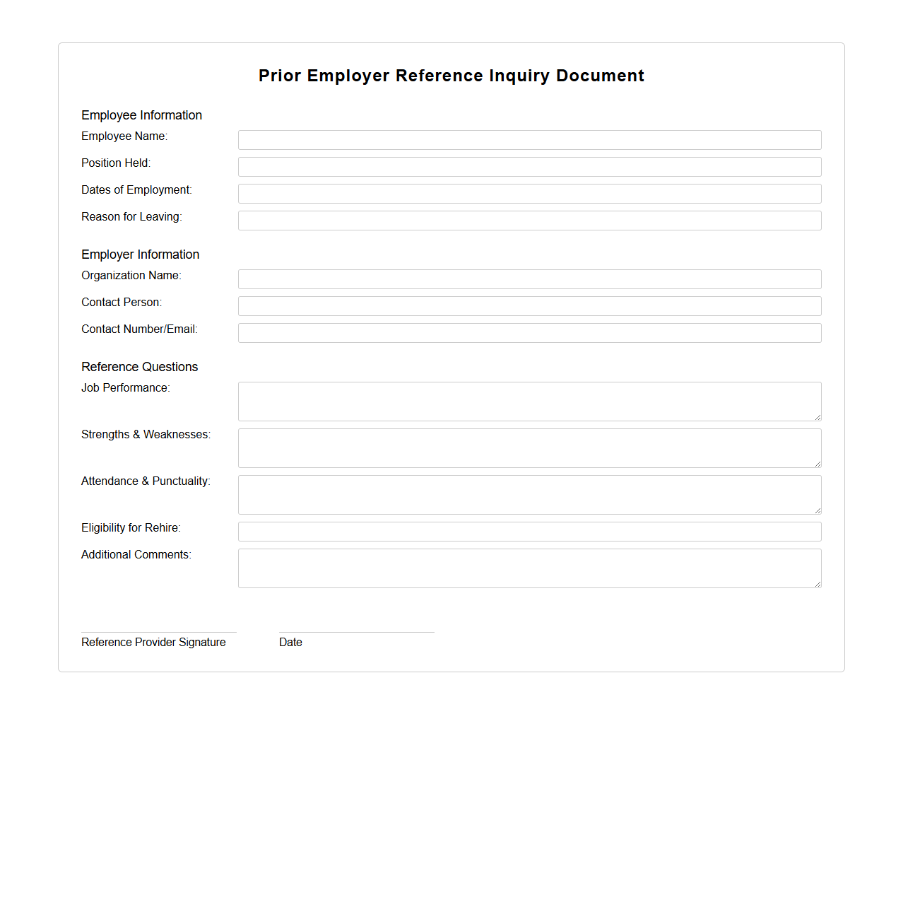 Prior Employer Reference Inquiry Document Example