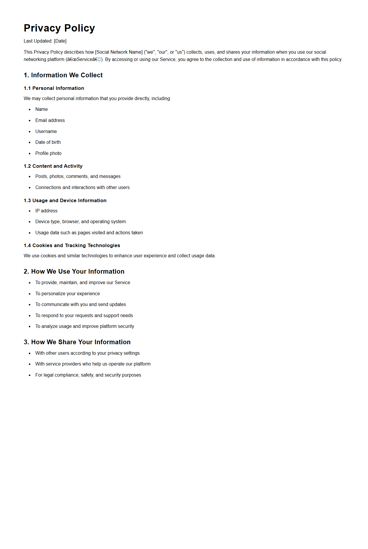 Privacy Policy Document for Social Networking Platforms