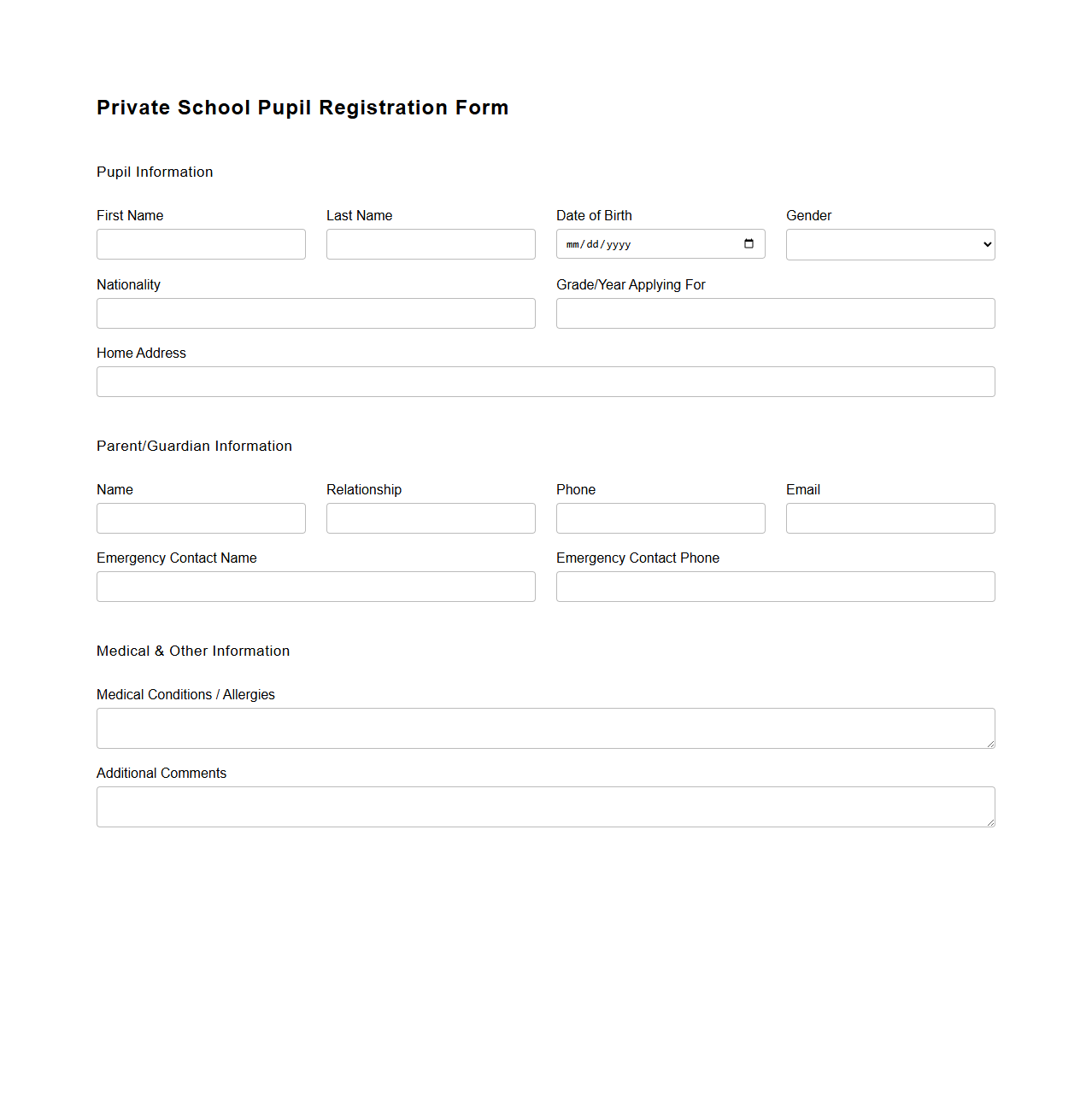 Private School Pupil Registration Form
