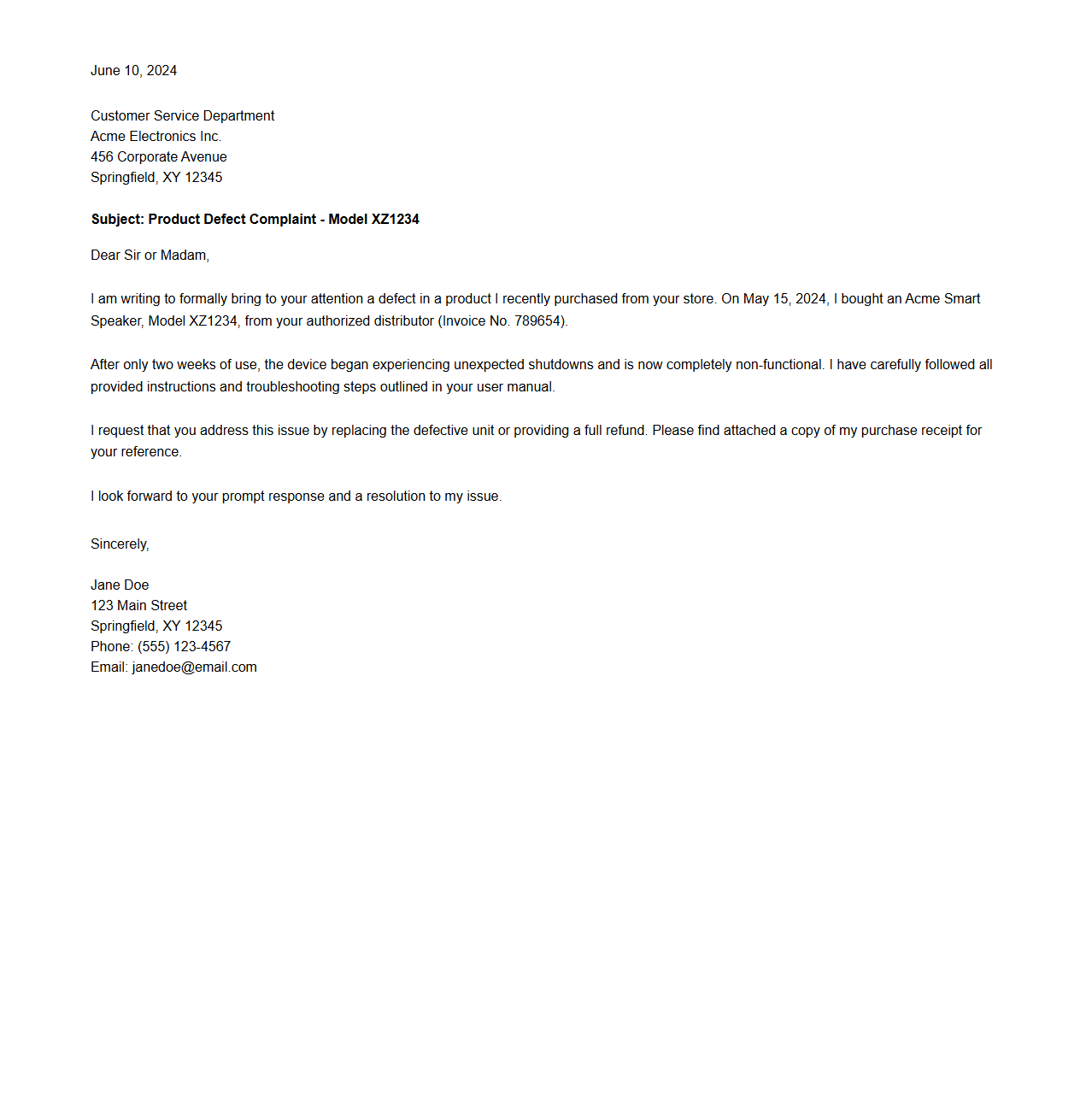 Product Defect Complaint Letter Sample