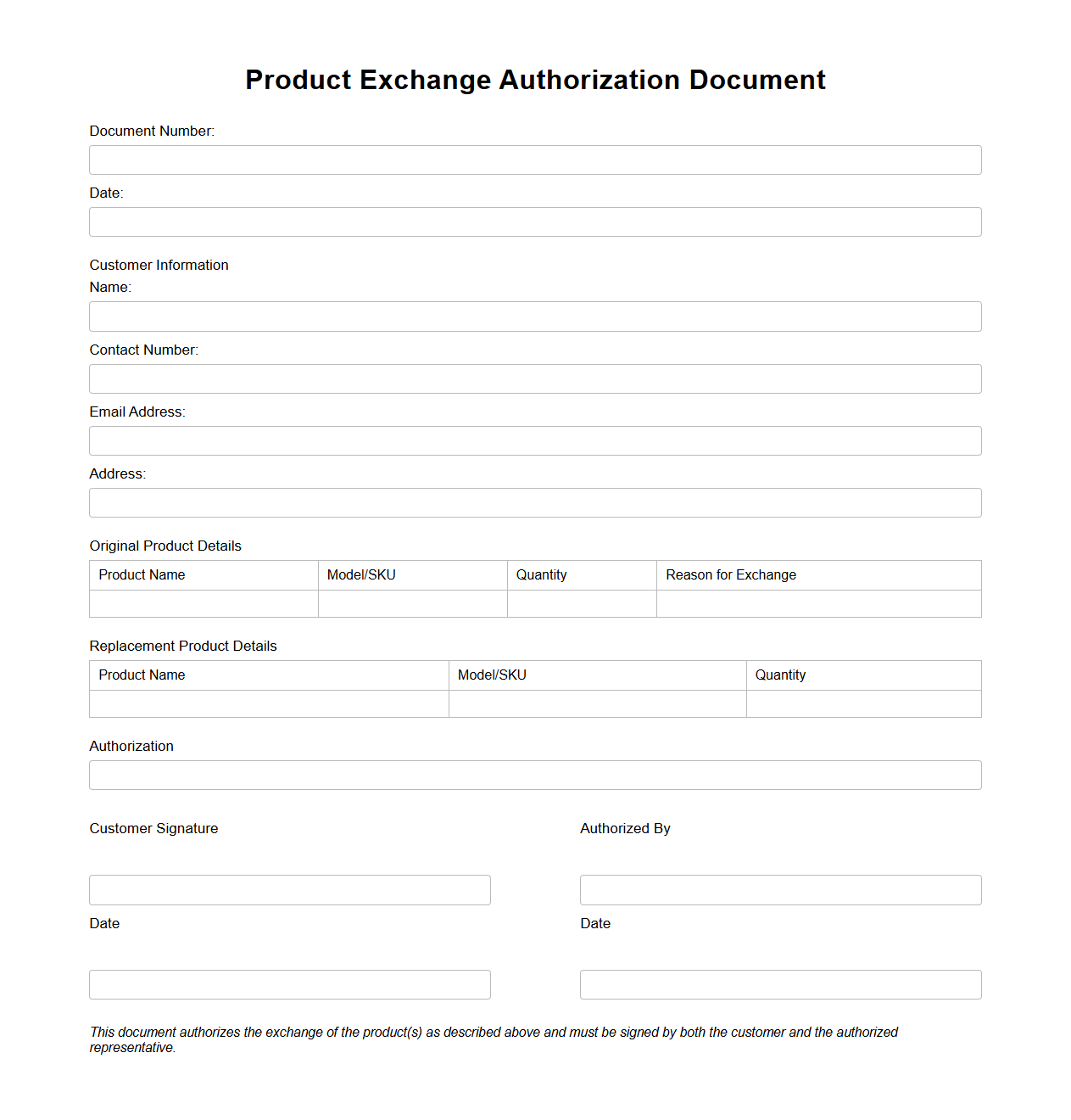 Product Exchange Authorization Document