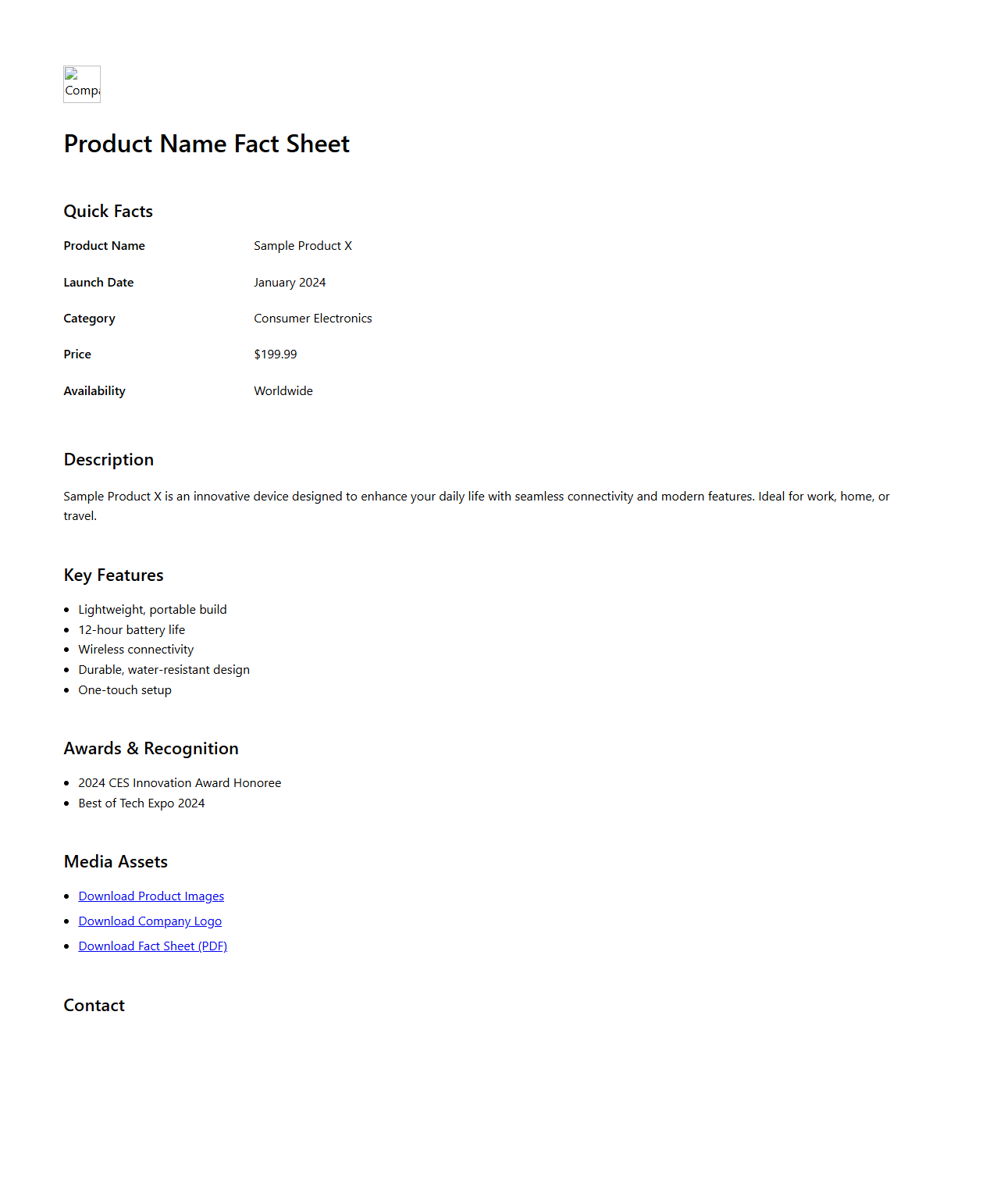 Product Fact Sheet Media Kit Example
