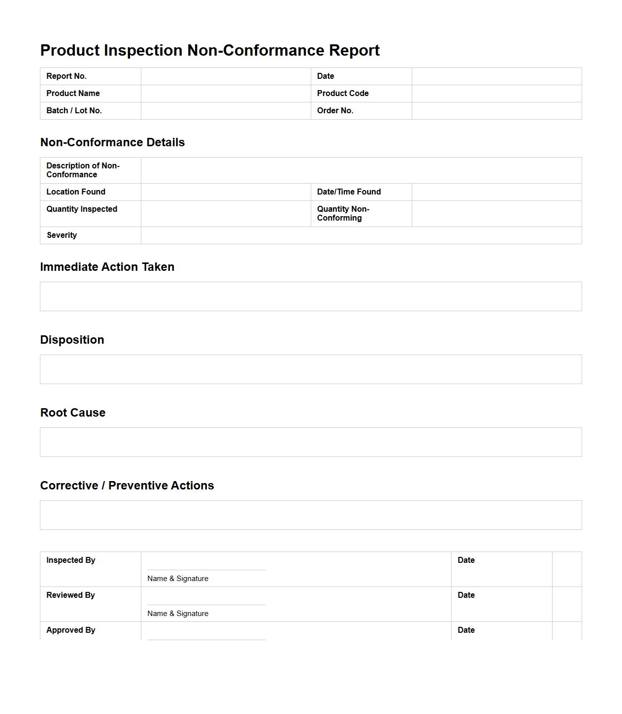 Product Inspection Non-Conformance Report Layout