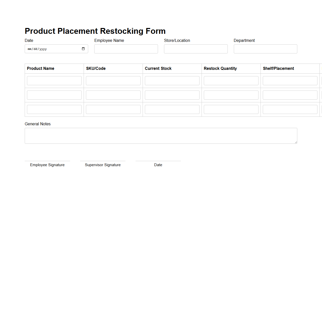 Product Placement Restocking Form Sample