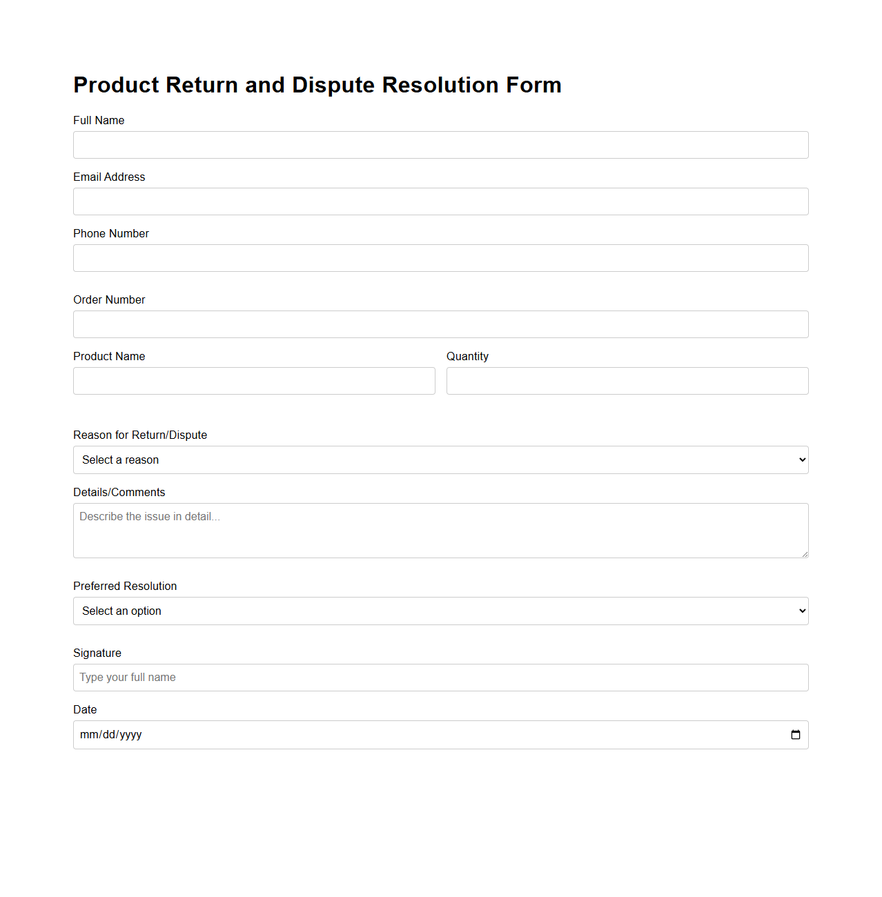 Product Return and Dispute Resolution Form
