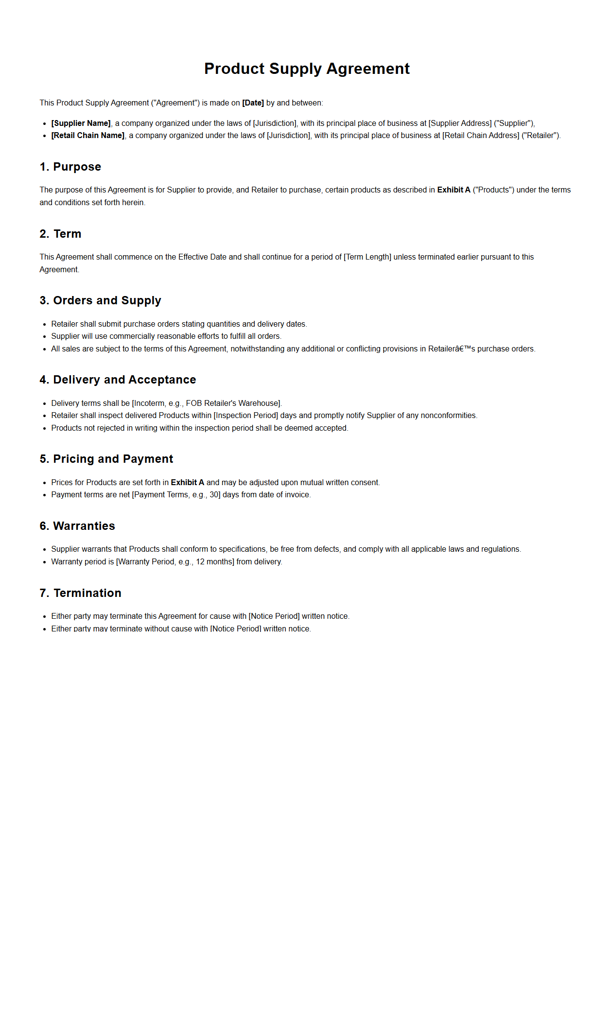 Product Supply Agreement Template for Retail Chains