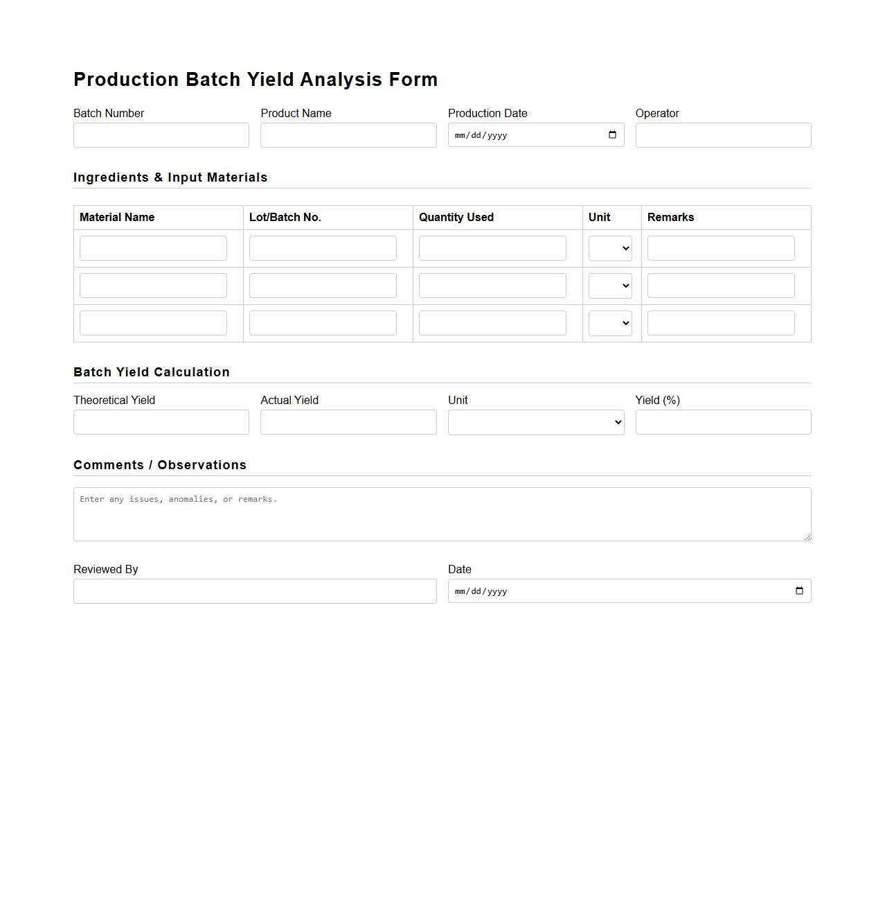 Production Batch Yield Analysis Form