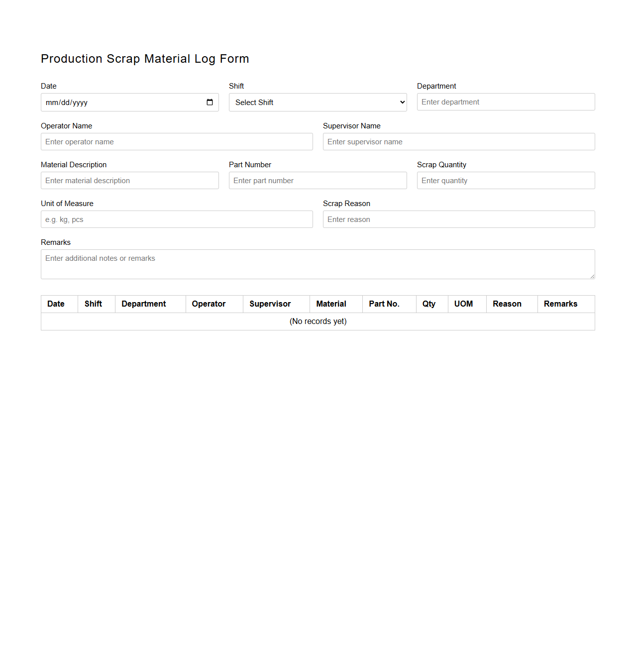 Production Scrap Material Log Form