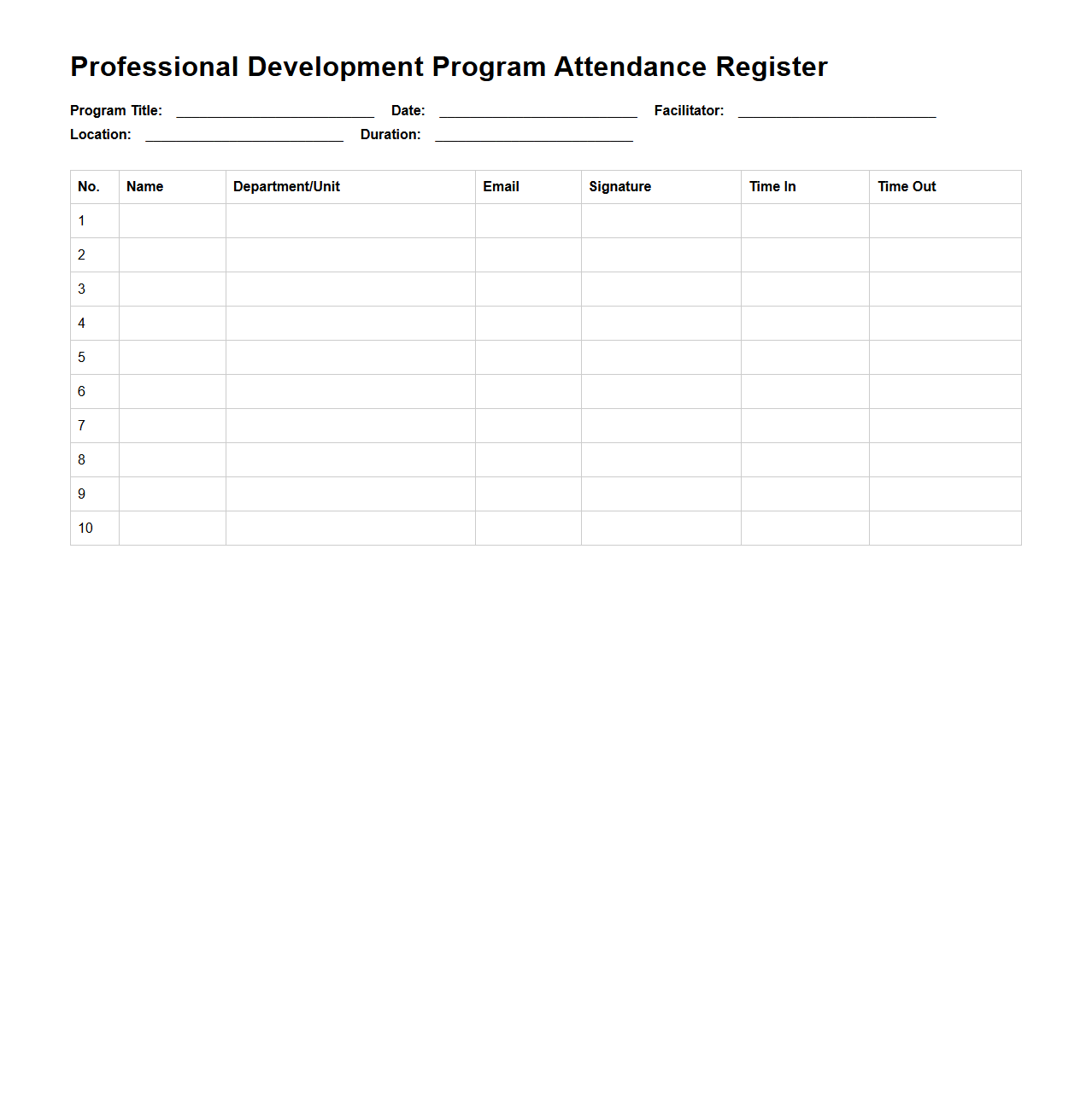 Professional Development Program Attendance Register