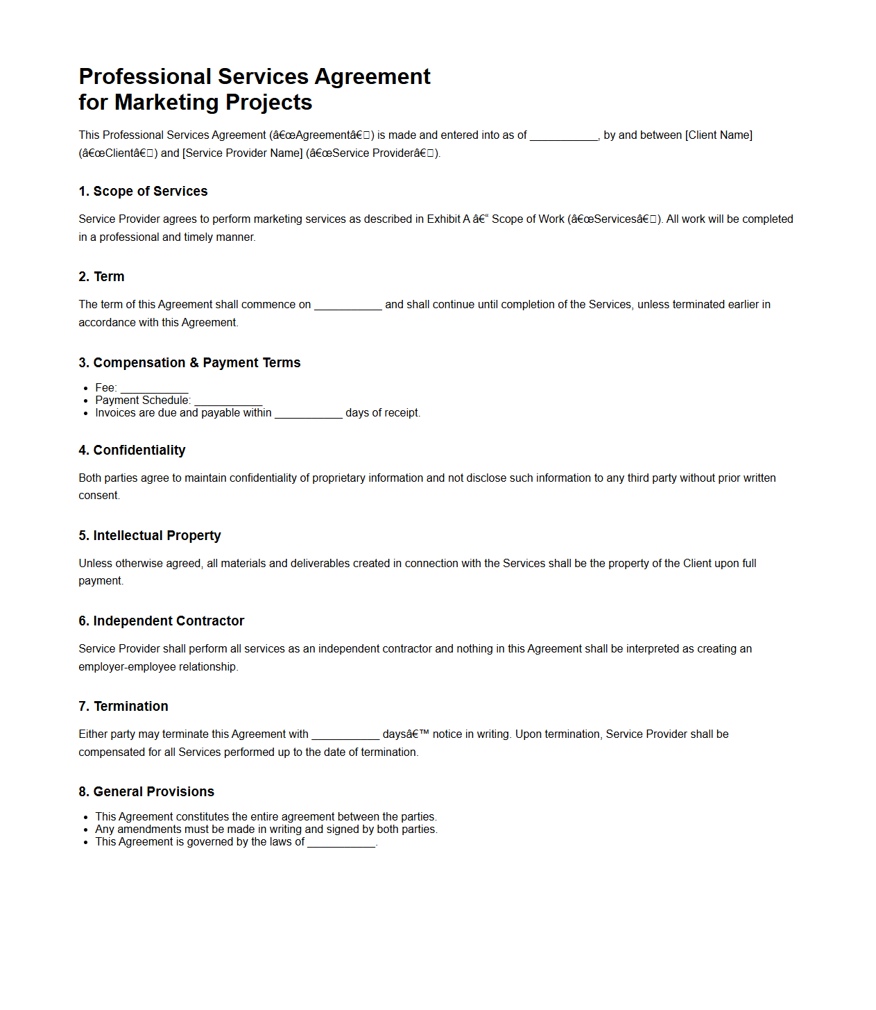 Professional Services Agreement for Marketing Projects