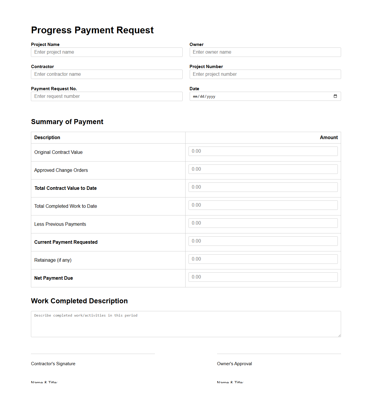 Progress Payment Request Document Example