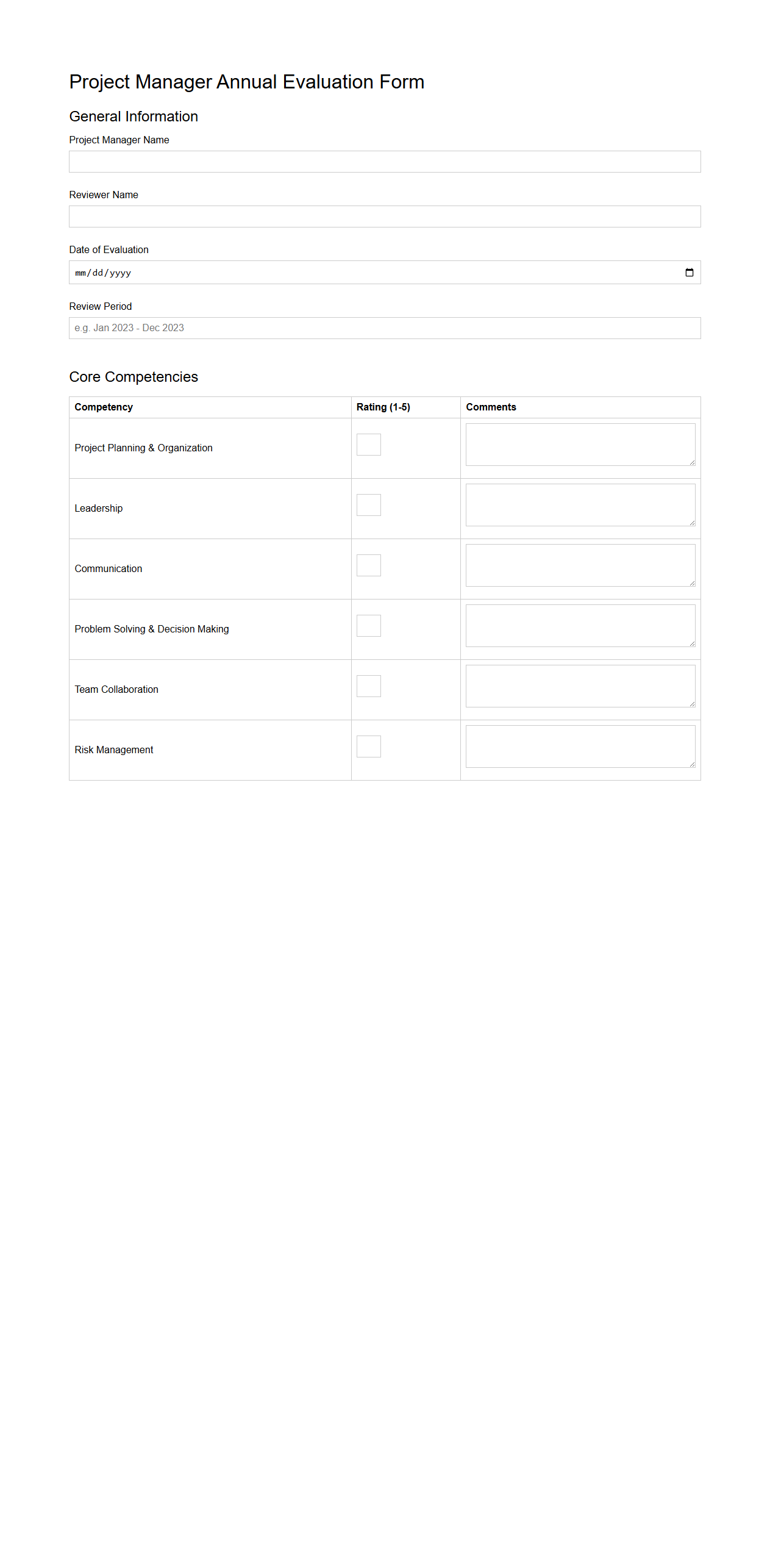 Project Manager Annual Evaluation Form Sample