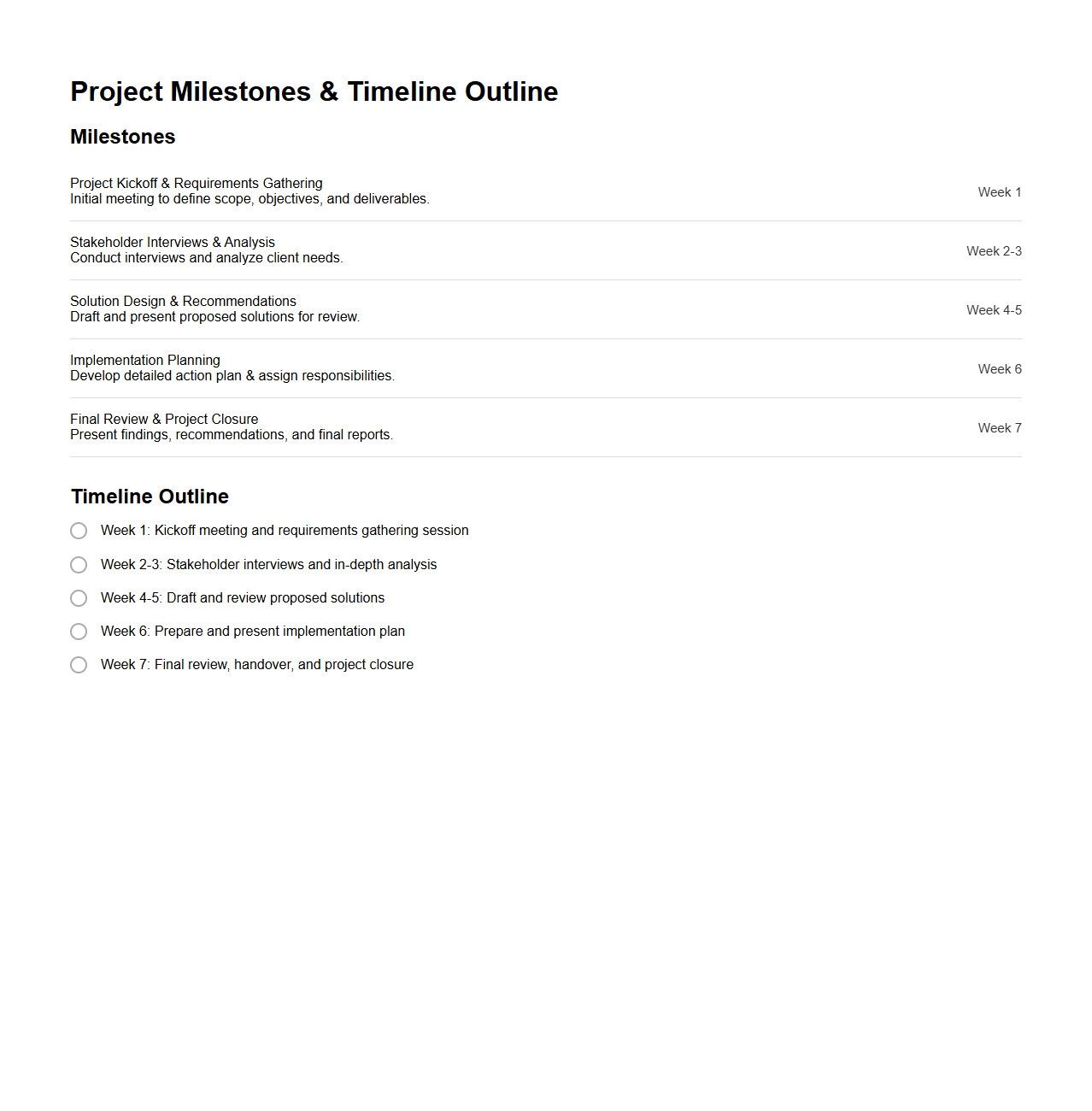 Project Milestones and Timeline Outline for Consulting