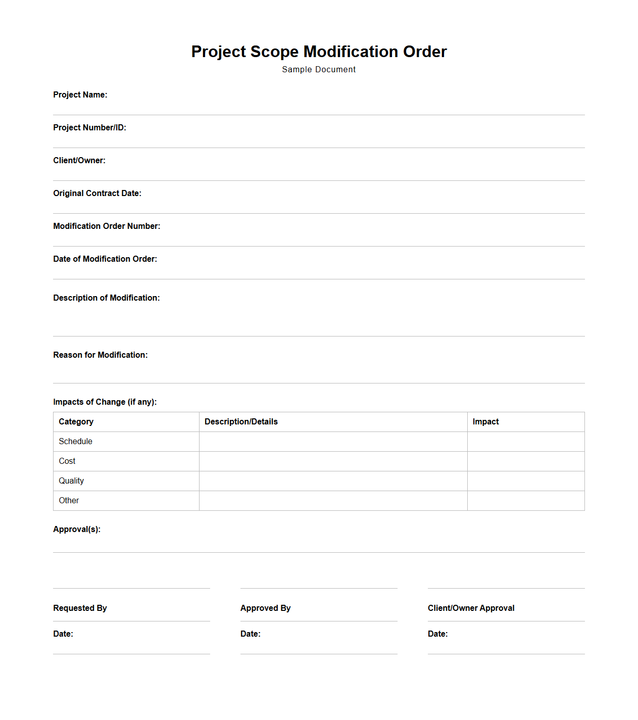 Project Scope Modification Order Sample