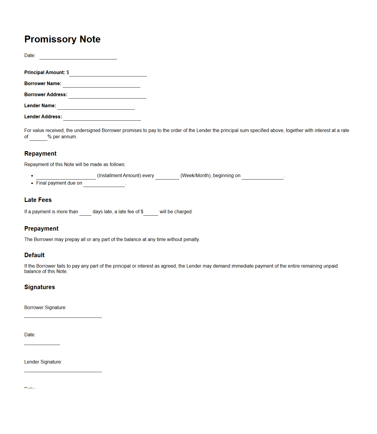 Promissory Note Template for Personal Loan