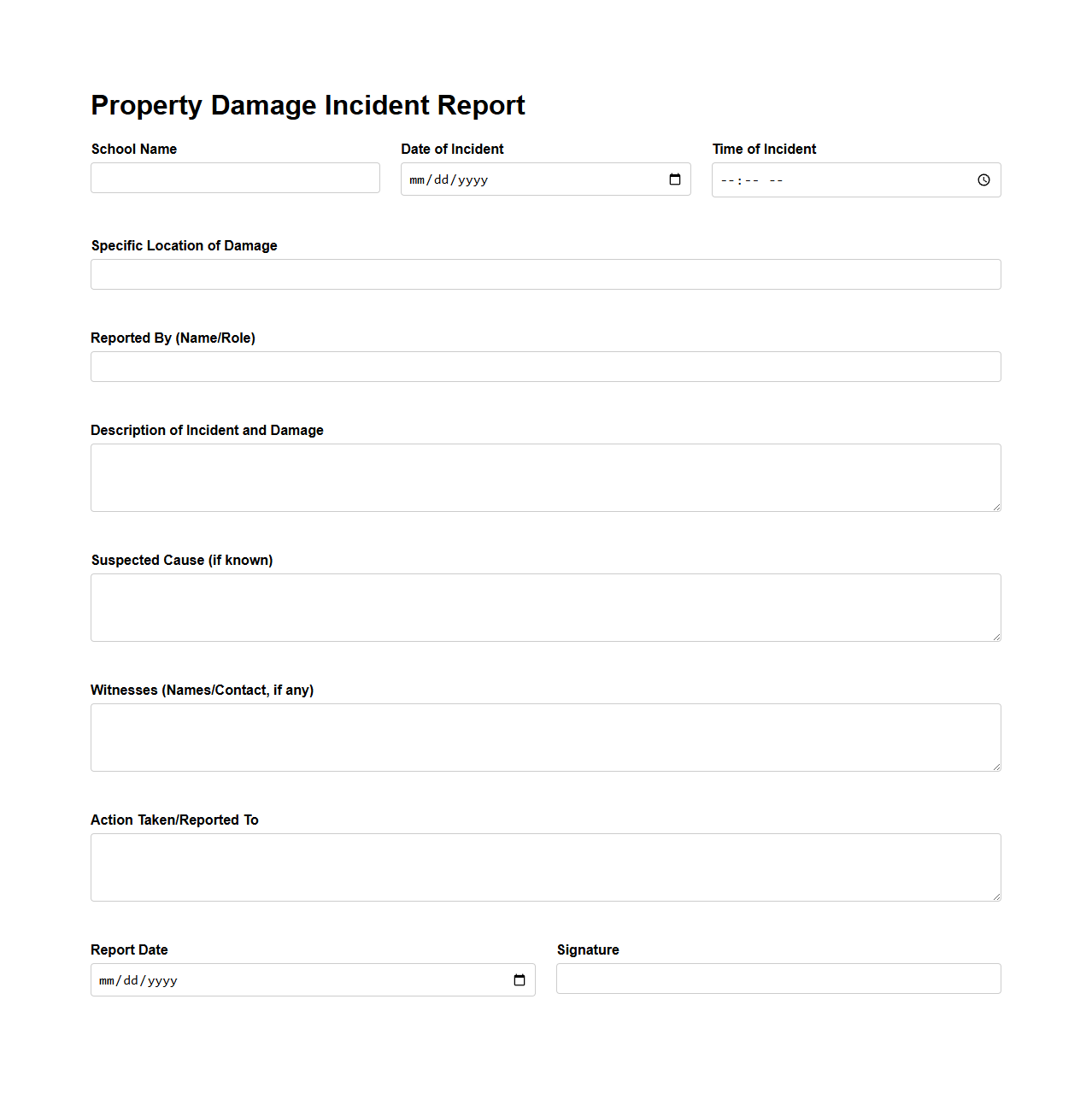 Property Damage Incident Report Example for Schools