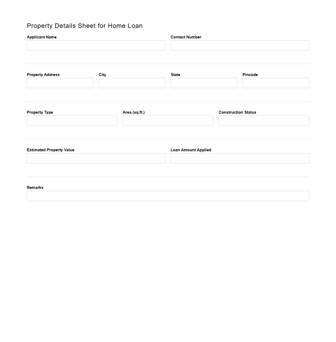 Property Details Sheet for Home Loan