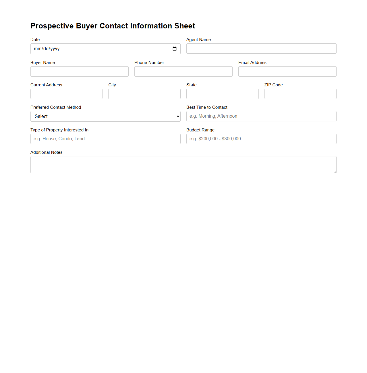 Prospective Buyer Contact Information Sheet