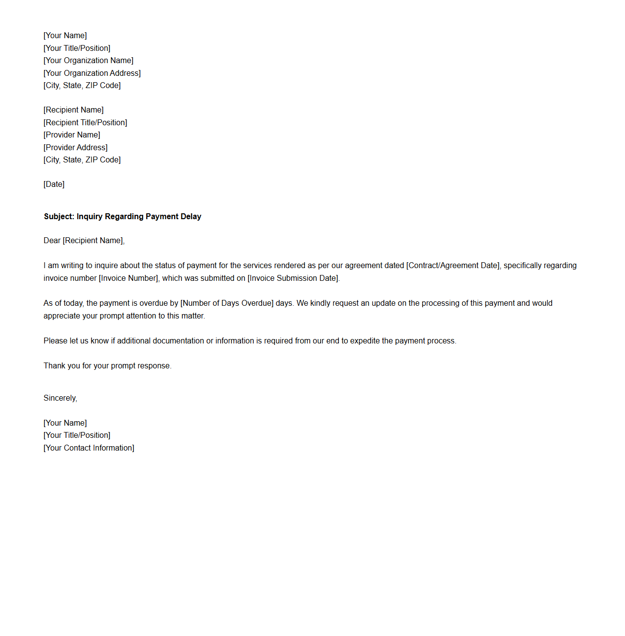 Provider Payment Delay Inquiry Letter