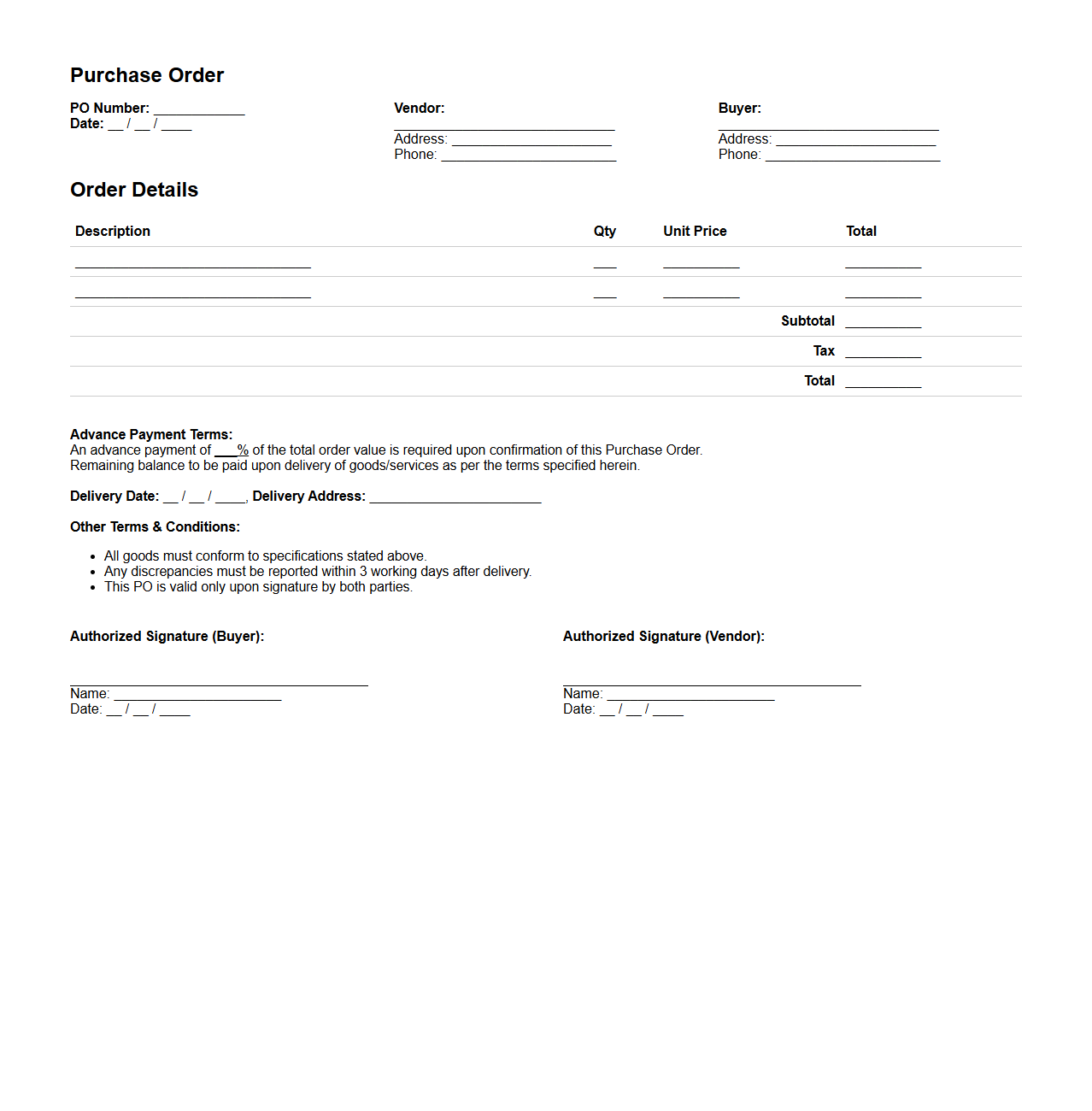 Purchase Order with Advance Payment Terms