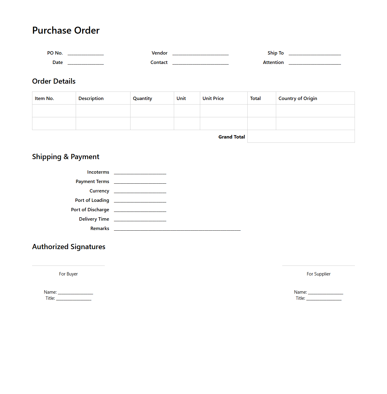 Purchase Order for International Sourcing