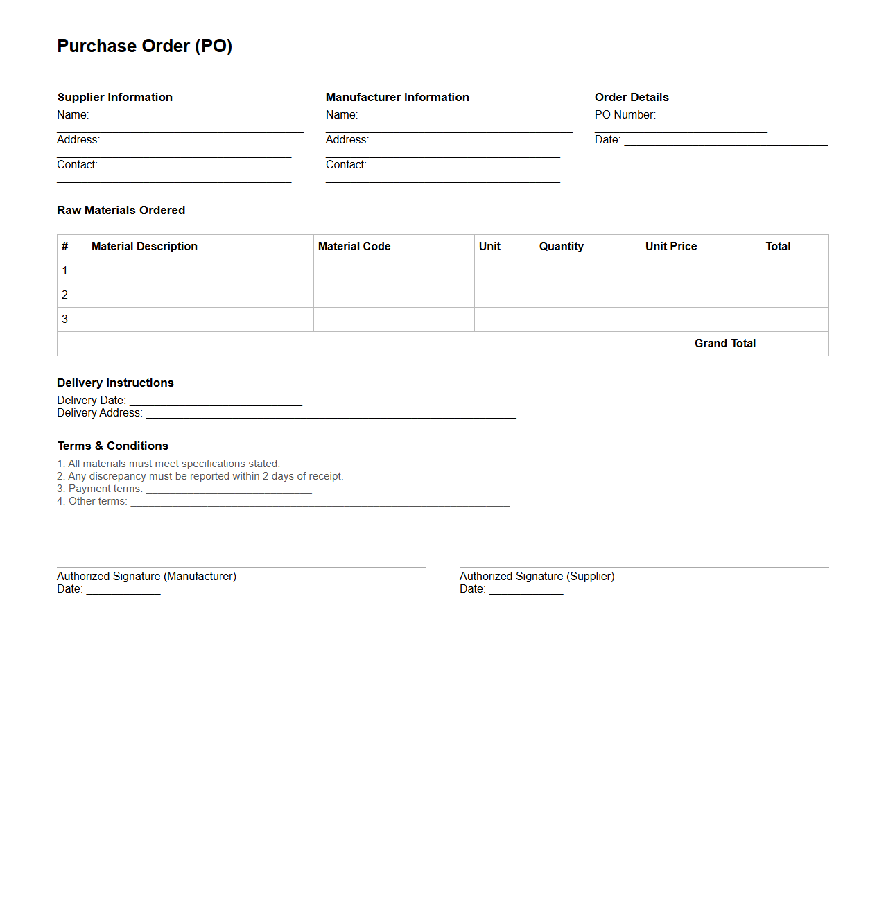 Purchase Order for Raw Materials in Manufacturing