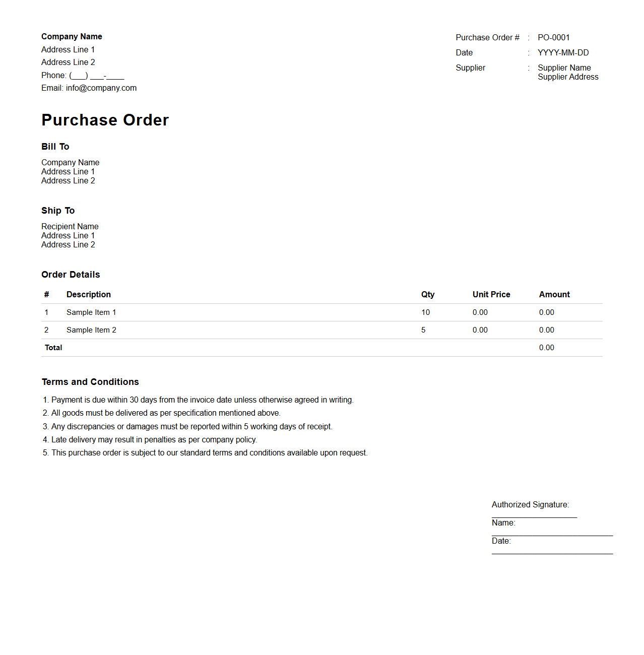 Purchase Order with Terms and Conditions Example