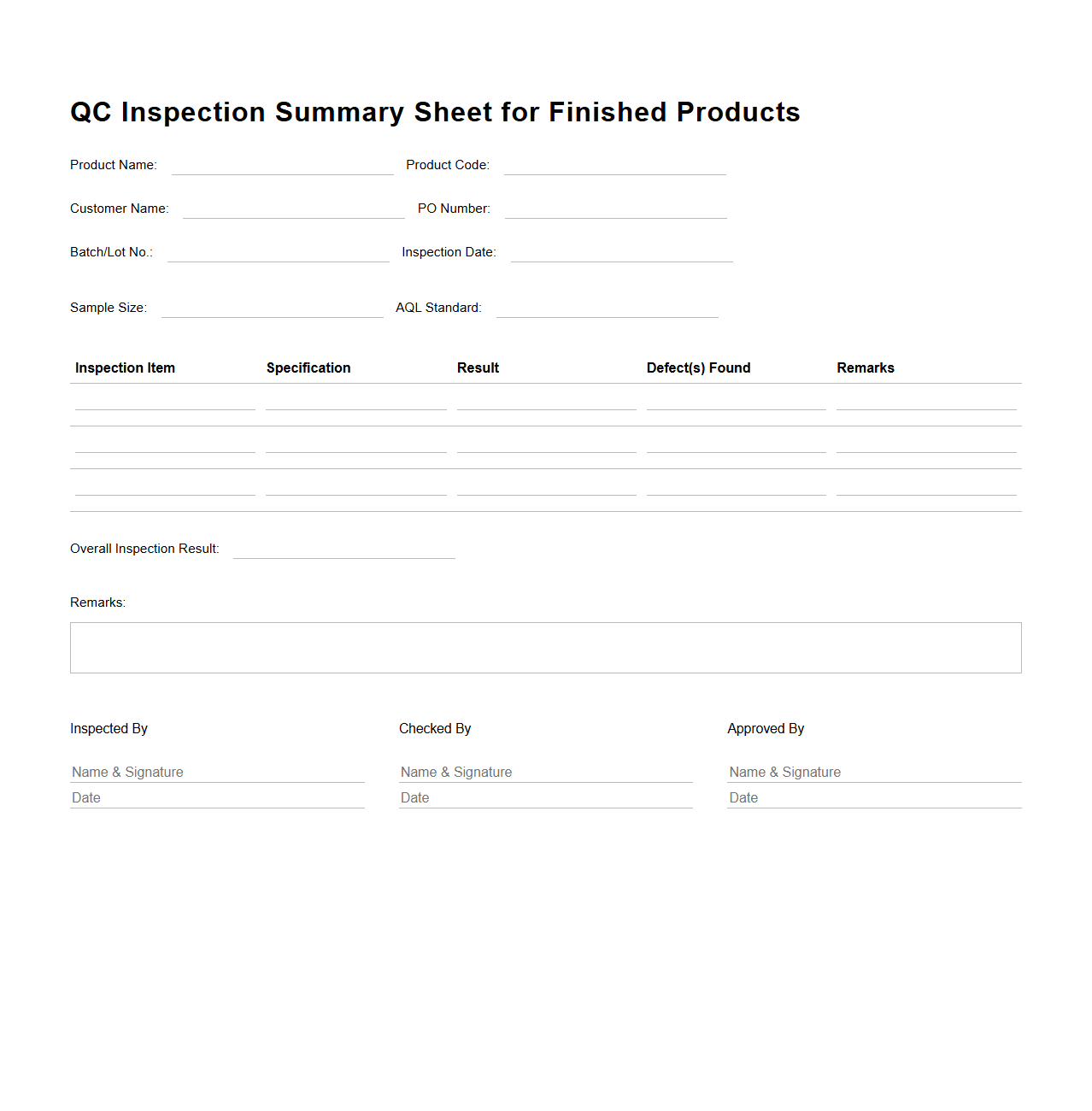 QC Inspection Summary Sheet for Finished Products