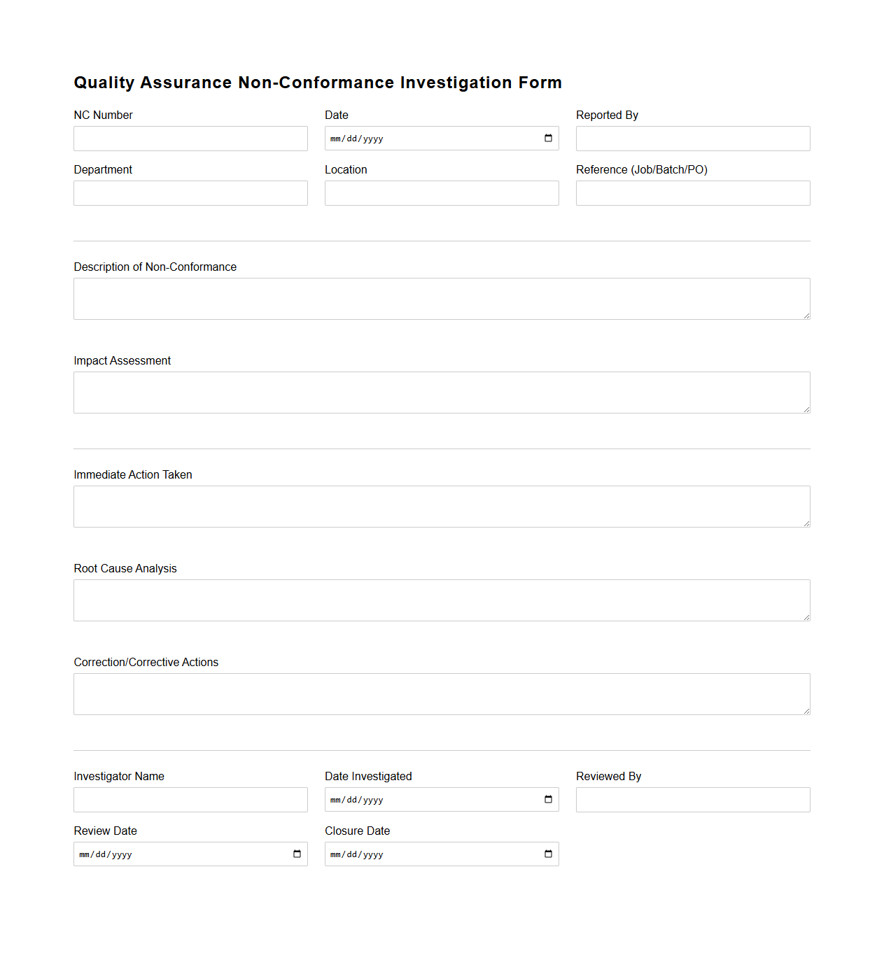 Quality Assurance Non-Conformance Investigation Form