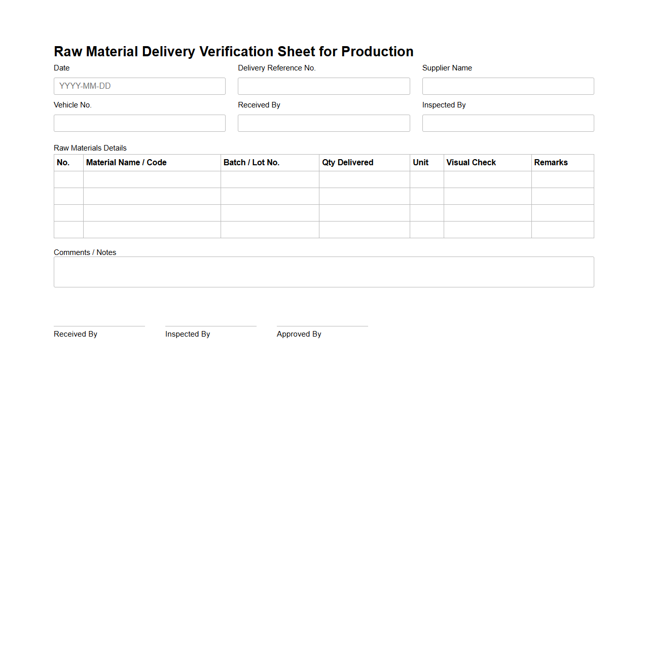 Raw Material Delivery Verification Sheet for Production