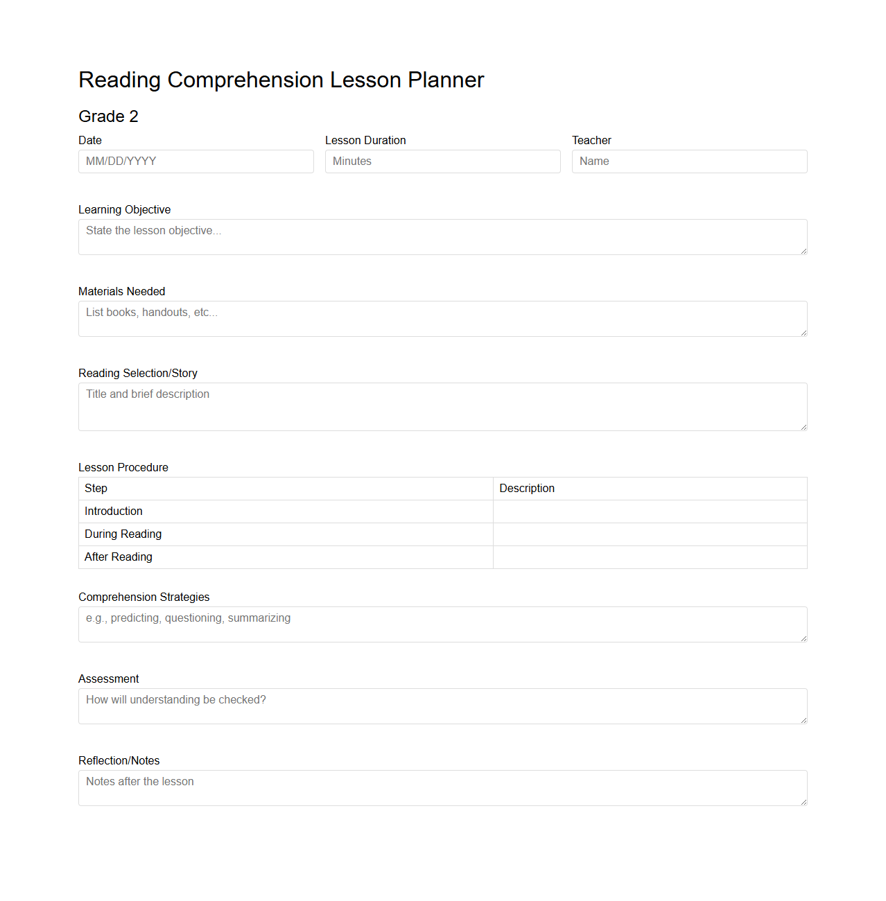 Reading Comprehension Lesson Planner for Grade 2