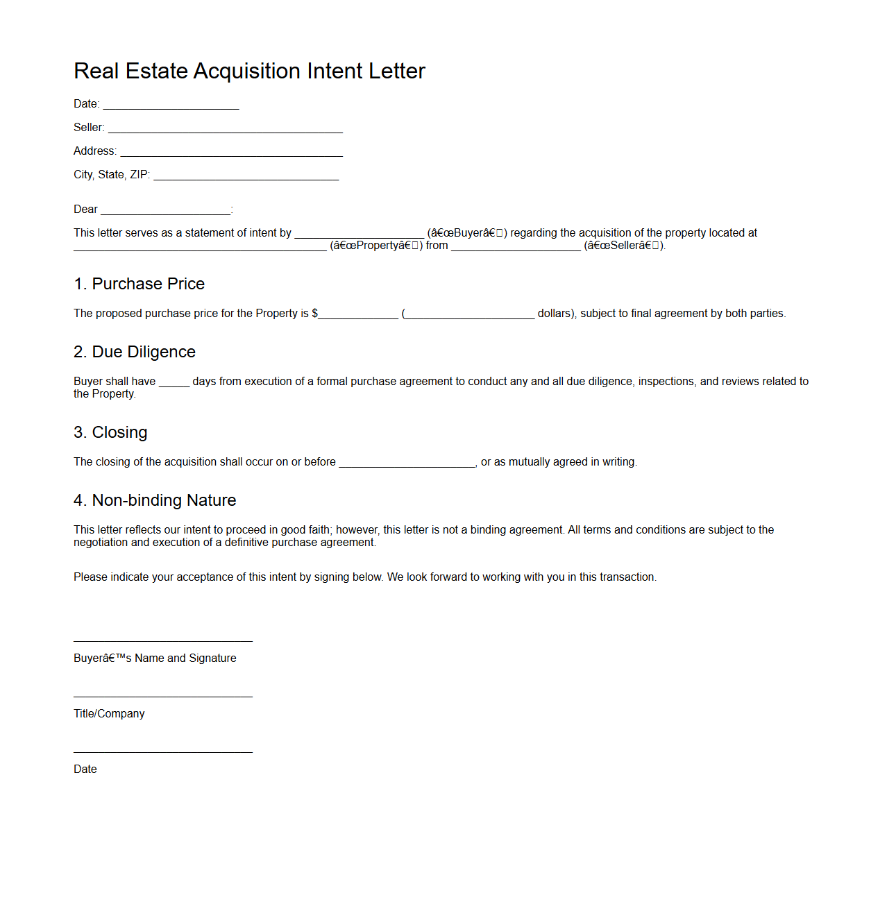 Real Estate Acquisition Intent Letter Sample