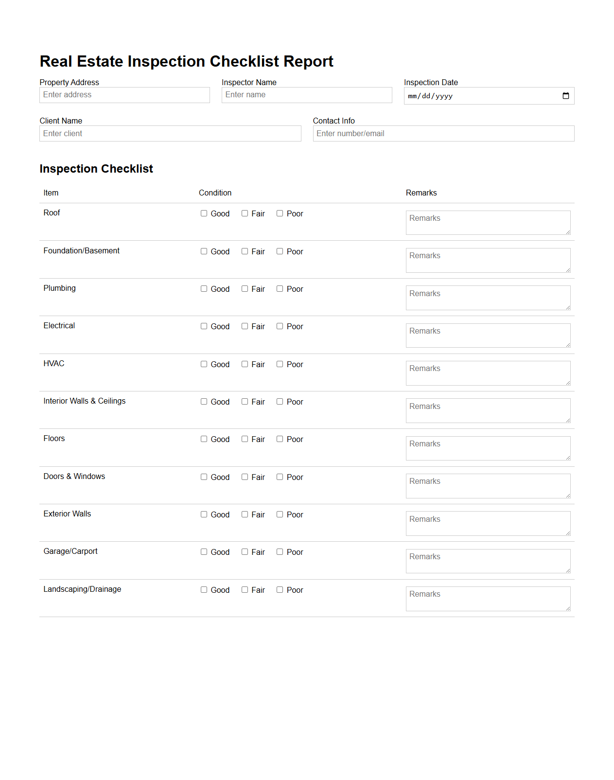 Real Estate Inspection Checklist Report
