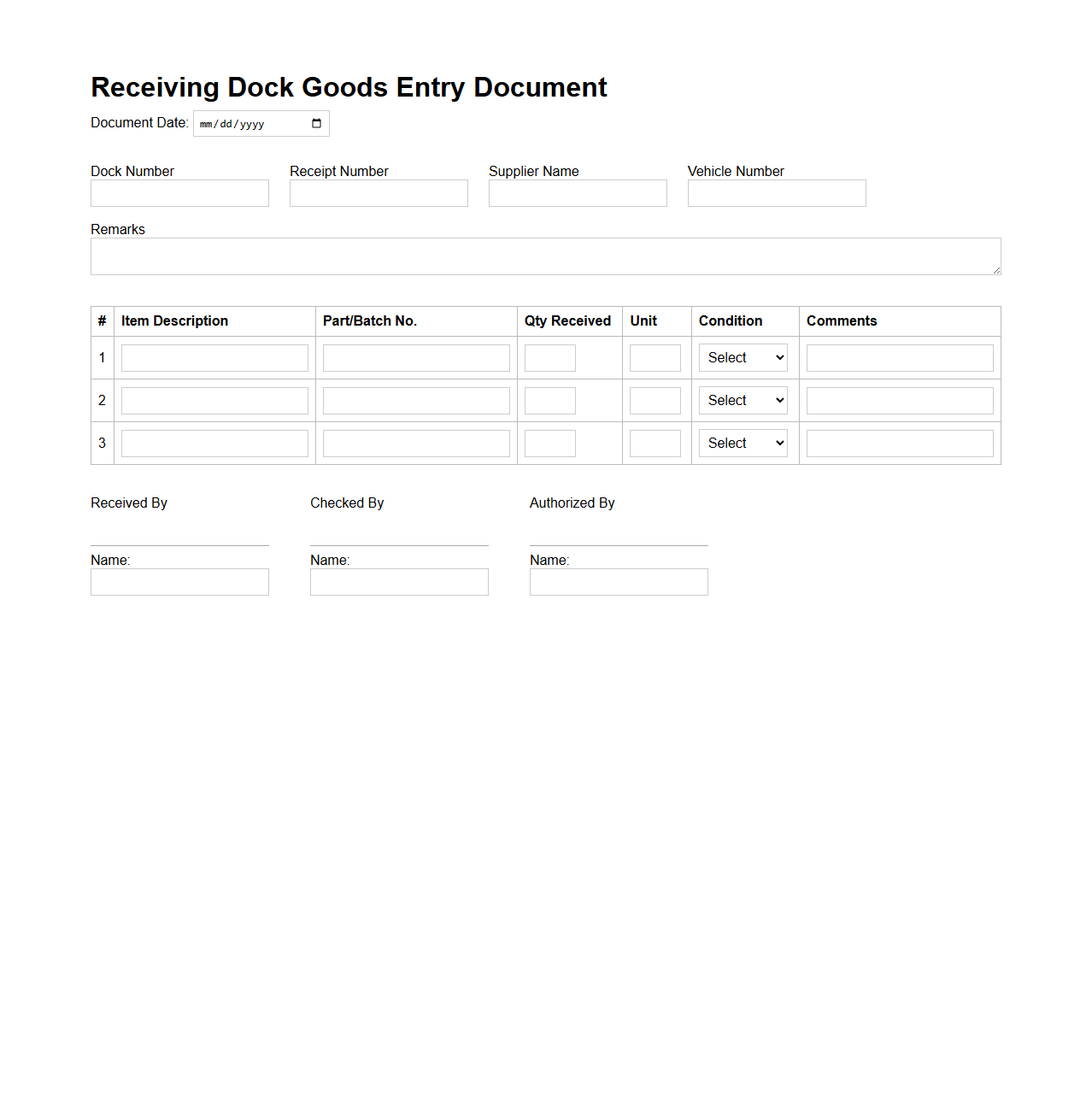 Receiving Dock Goods Entry Document