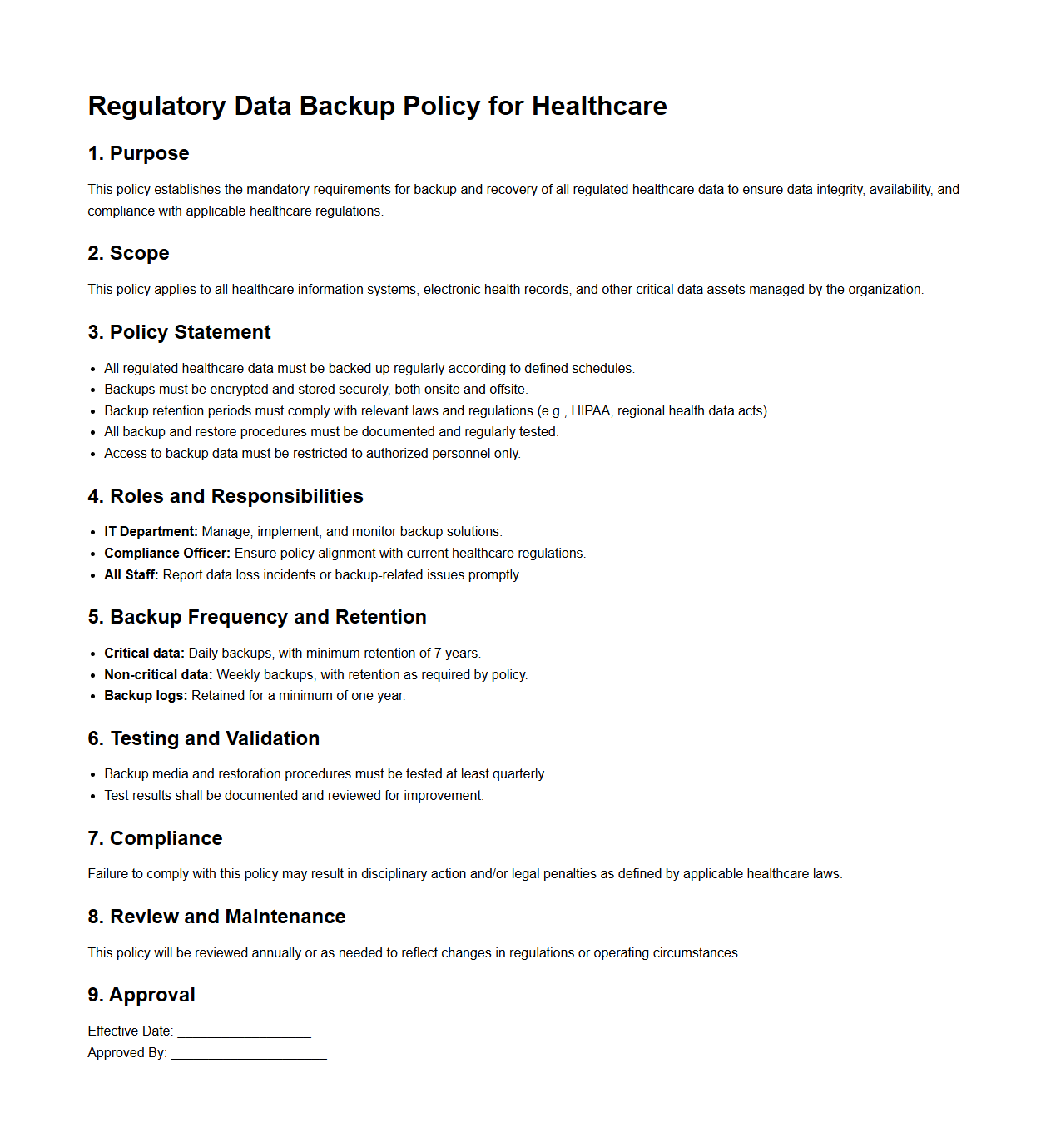 Regulatory Data Backup Policy for Healthcare