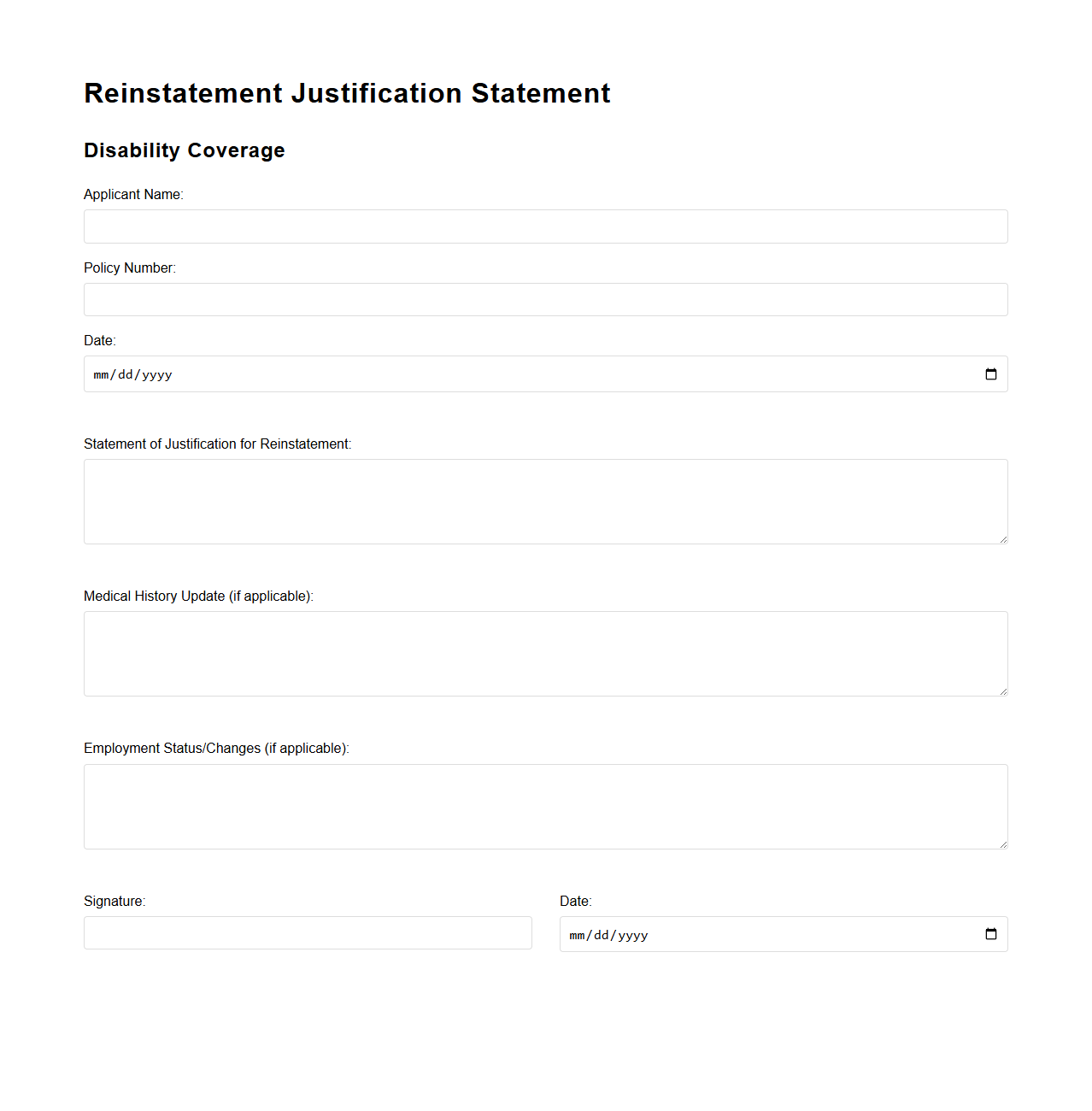 Reinstatement Justification Statement for Disability Coverage