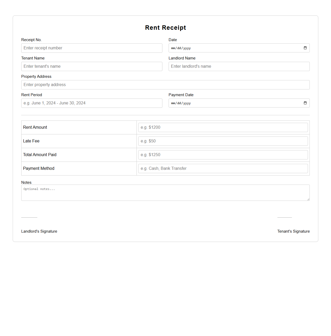 Rent Receipt with Late Fee Inclusion