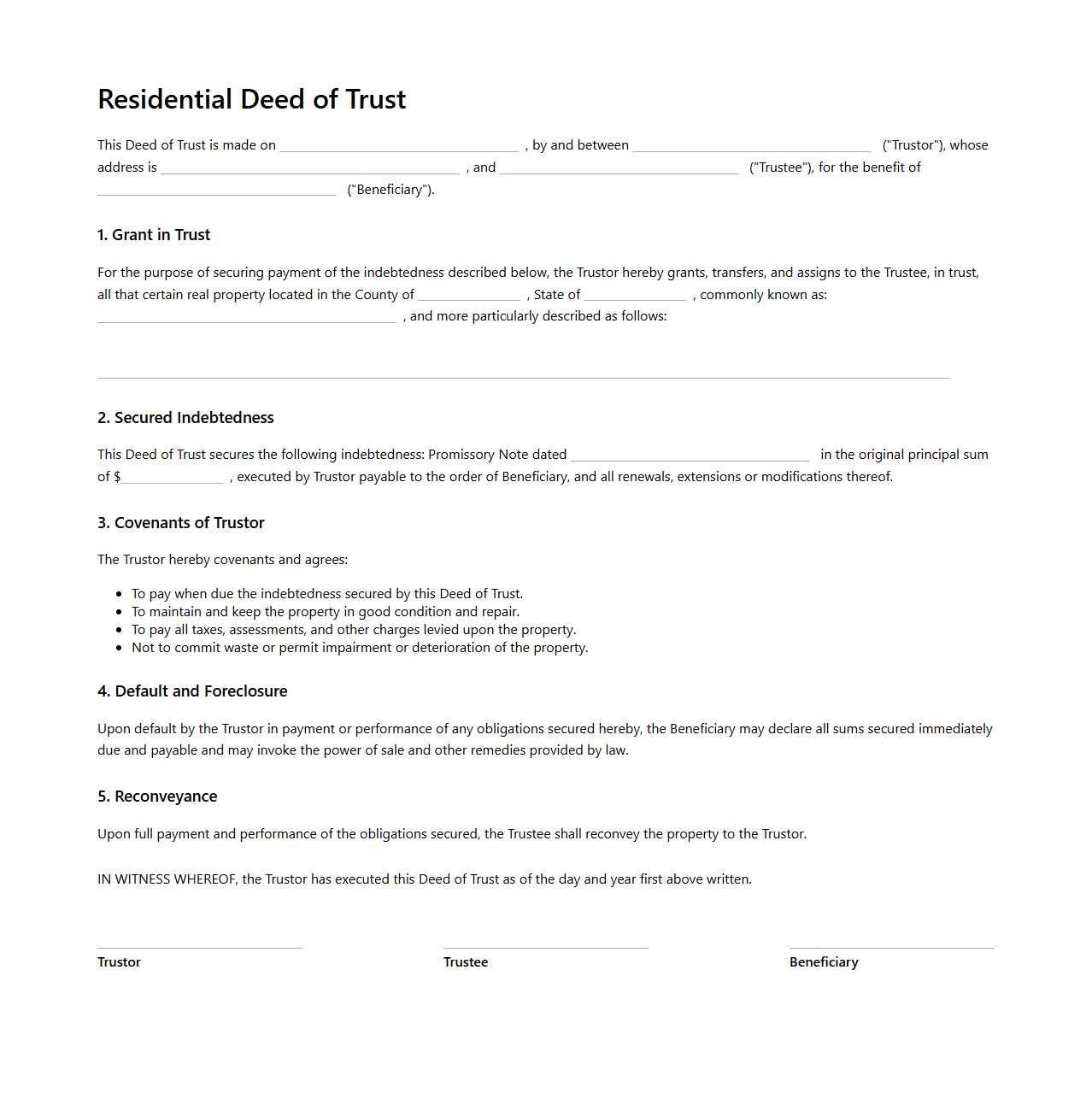 Residential Deed of Trust Document Example