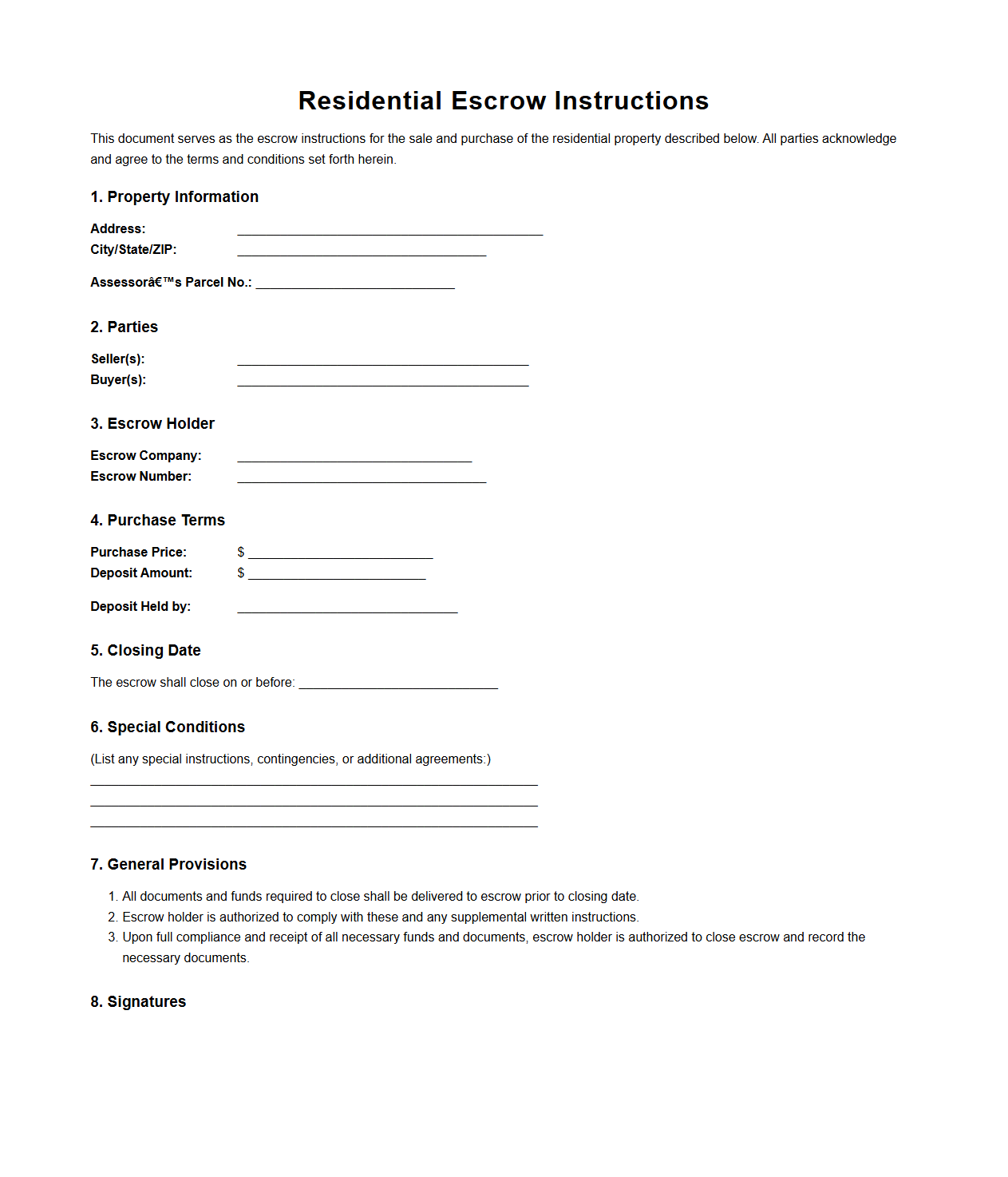 Residential Escrow Instructions Template for Home Sale
