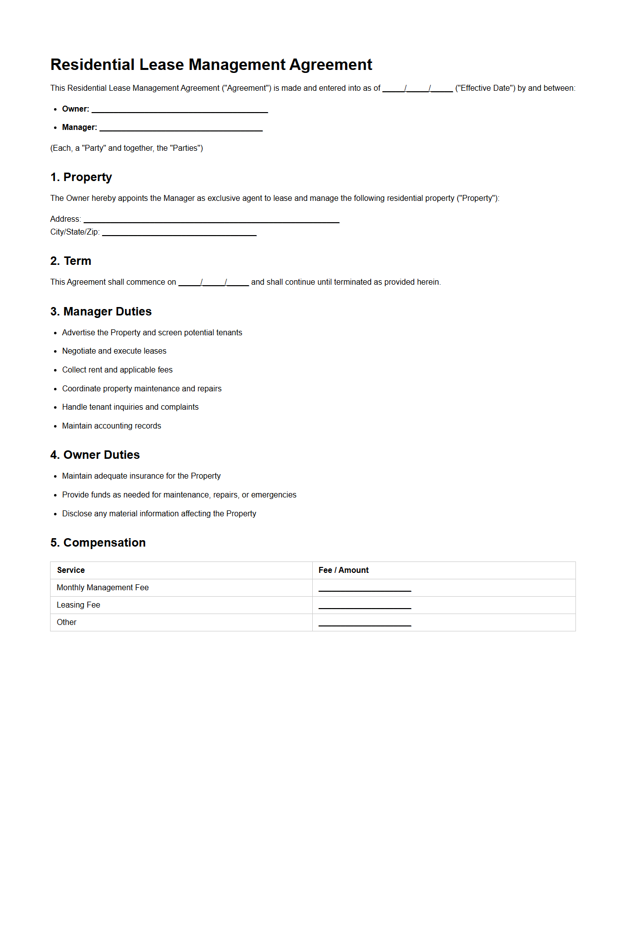 Residential Lease Management Agreement Template