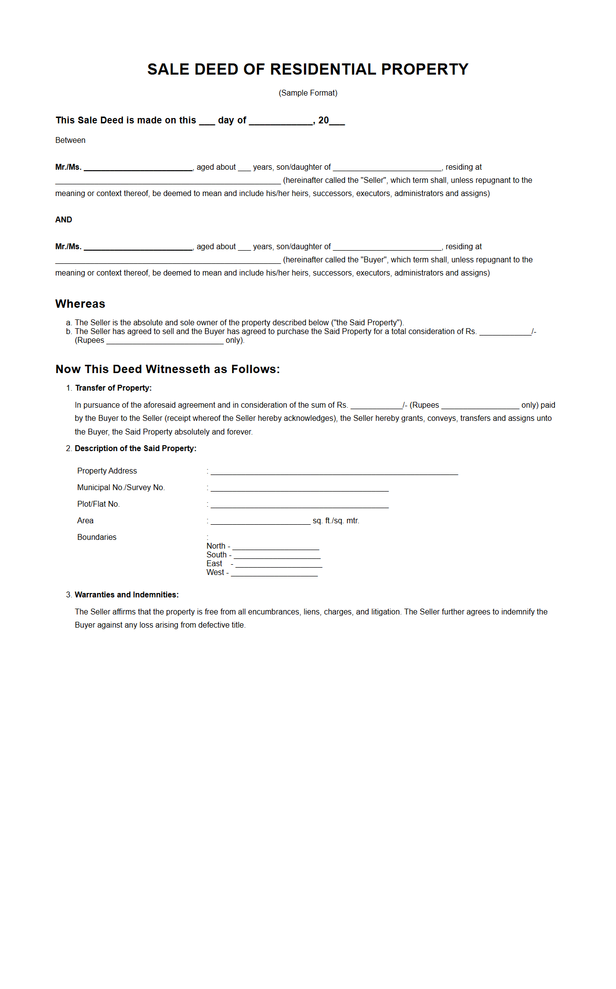 Residential Property Sale Deed Format