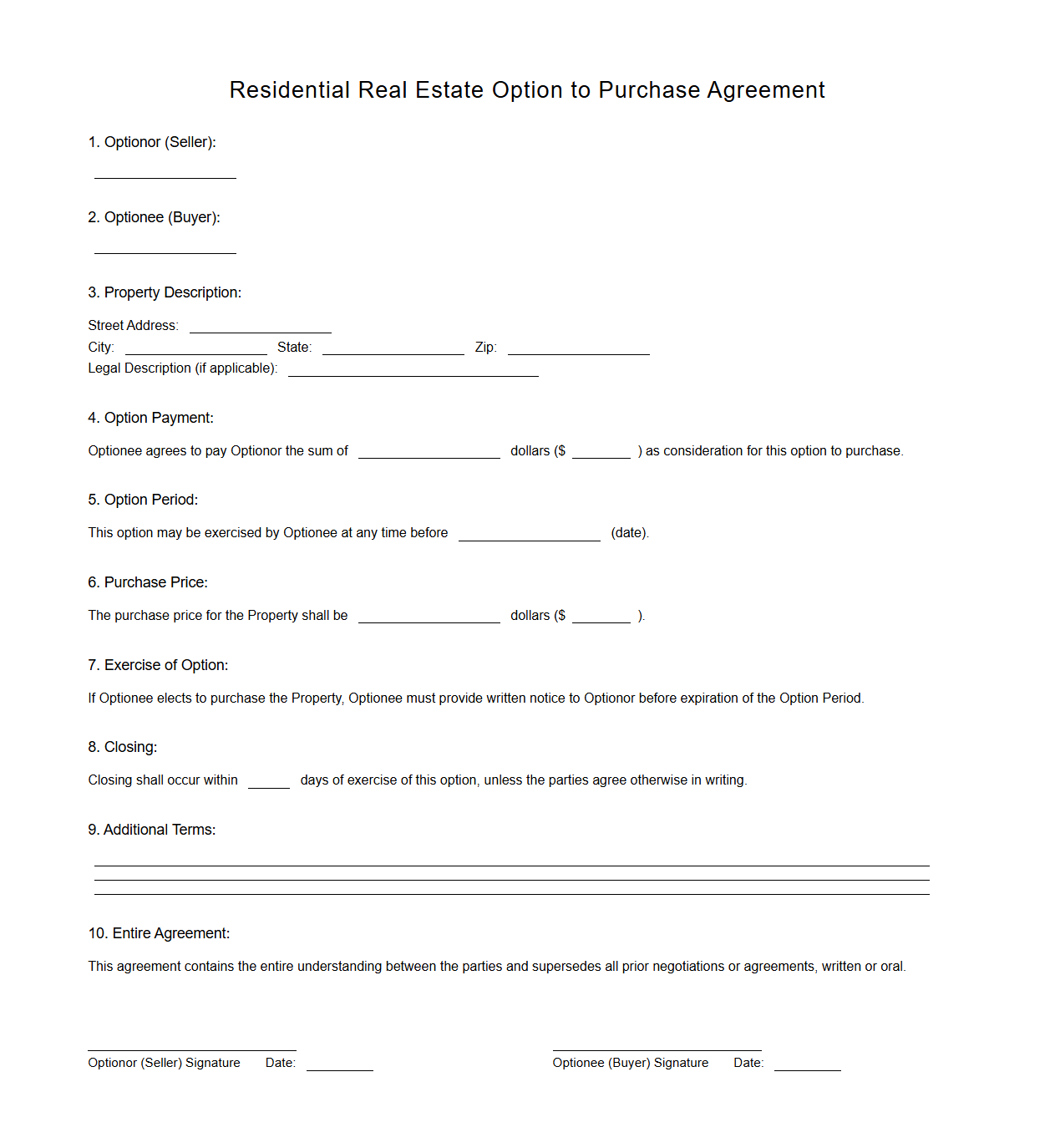 Residential Real Estate Option to Purchase Agreement