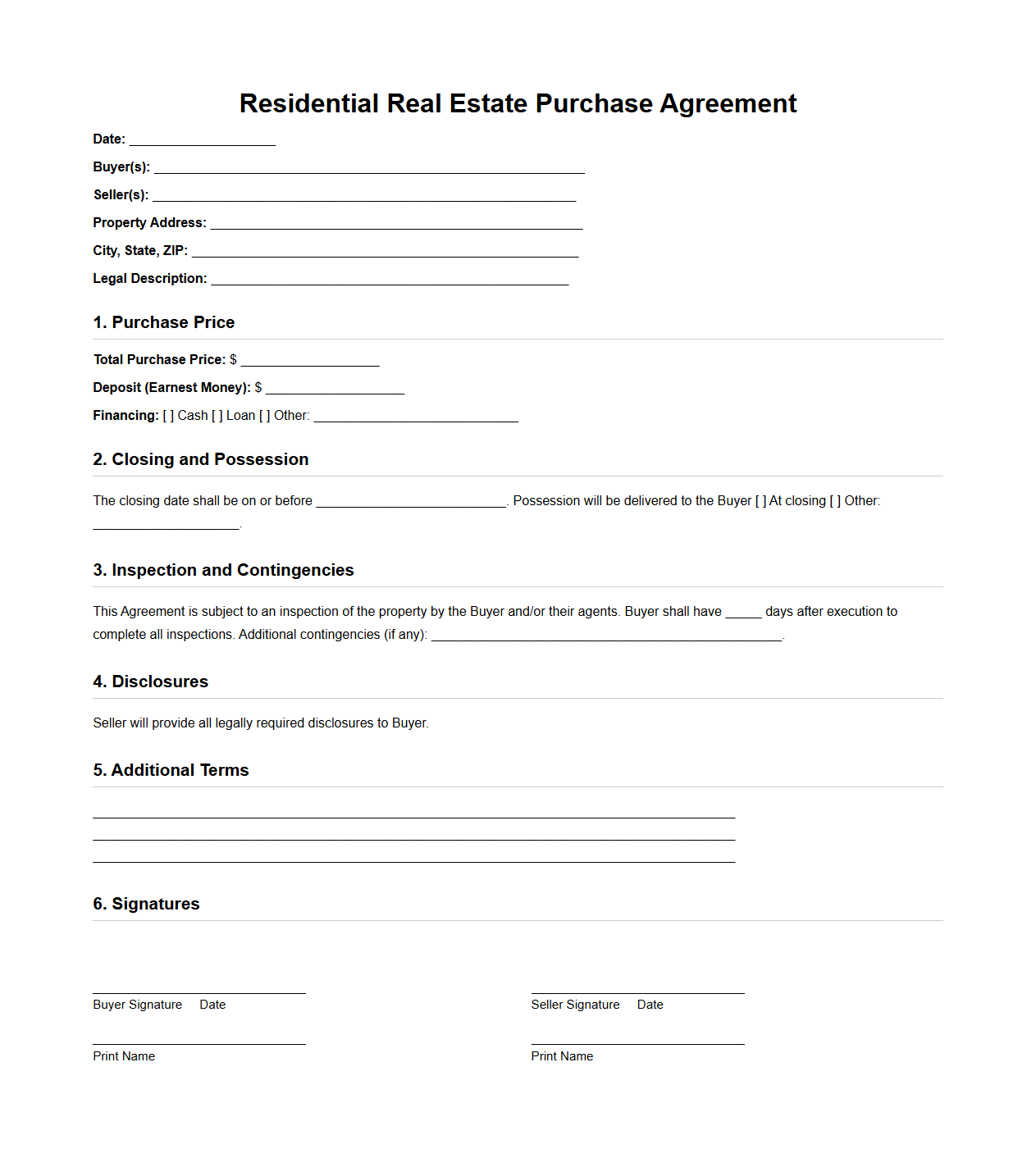 Residential Real Estate Purchase Agreement Template