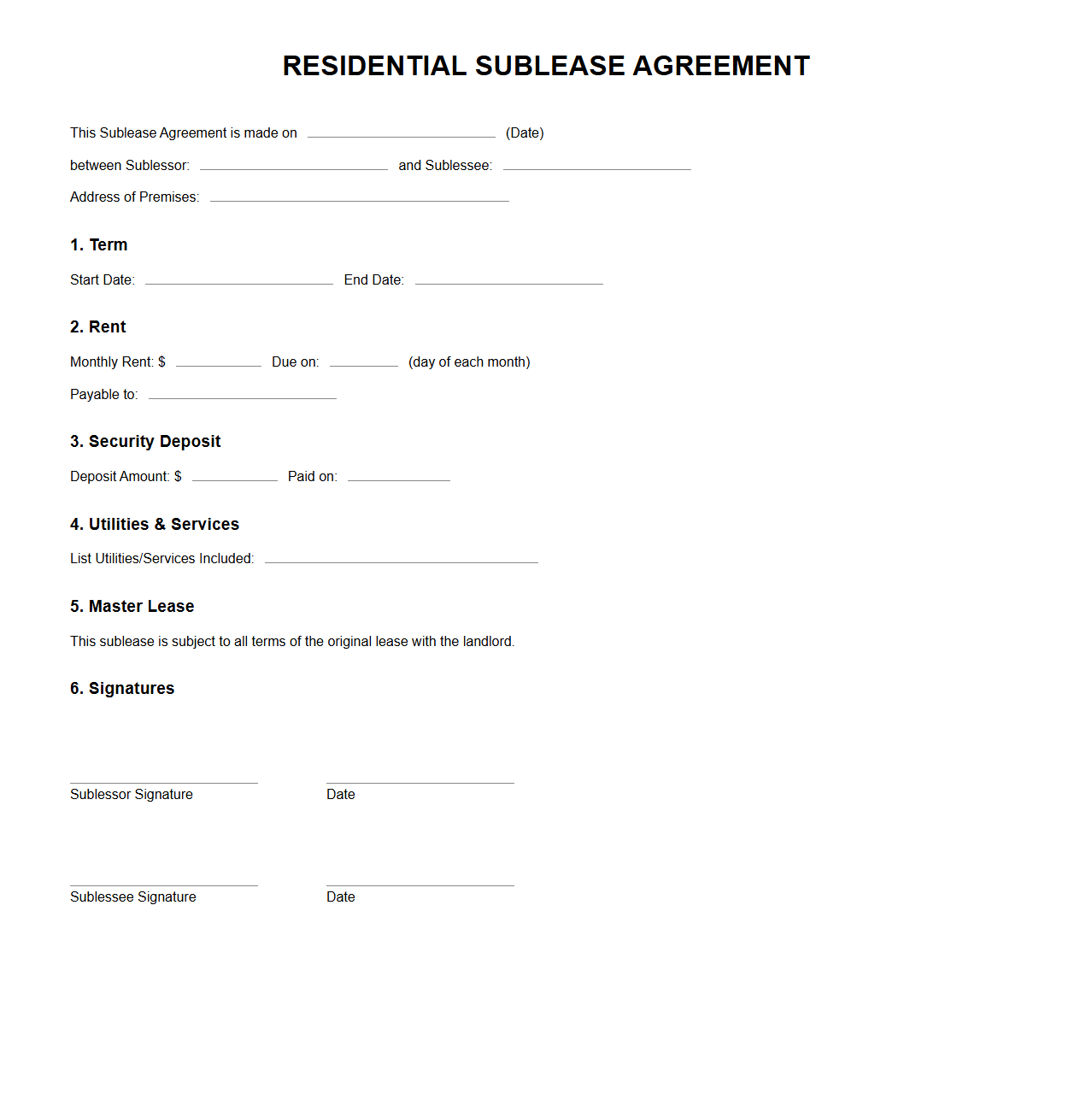 Residential Sublease Agreement Template